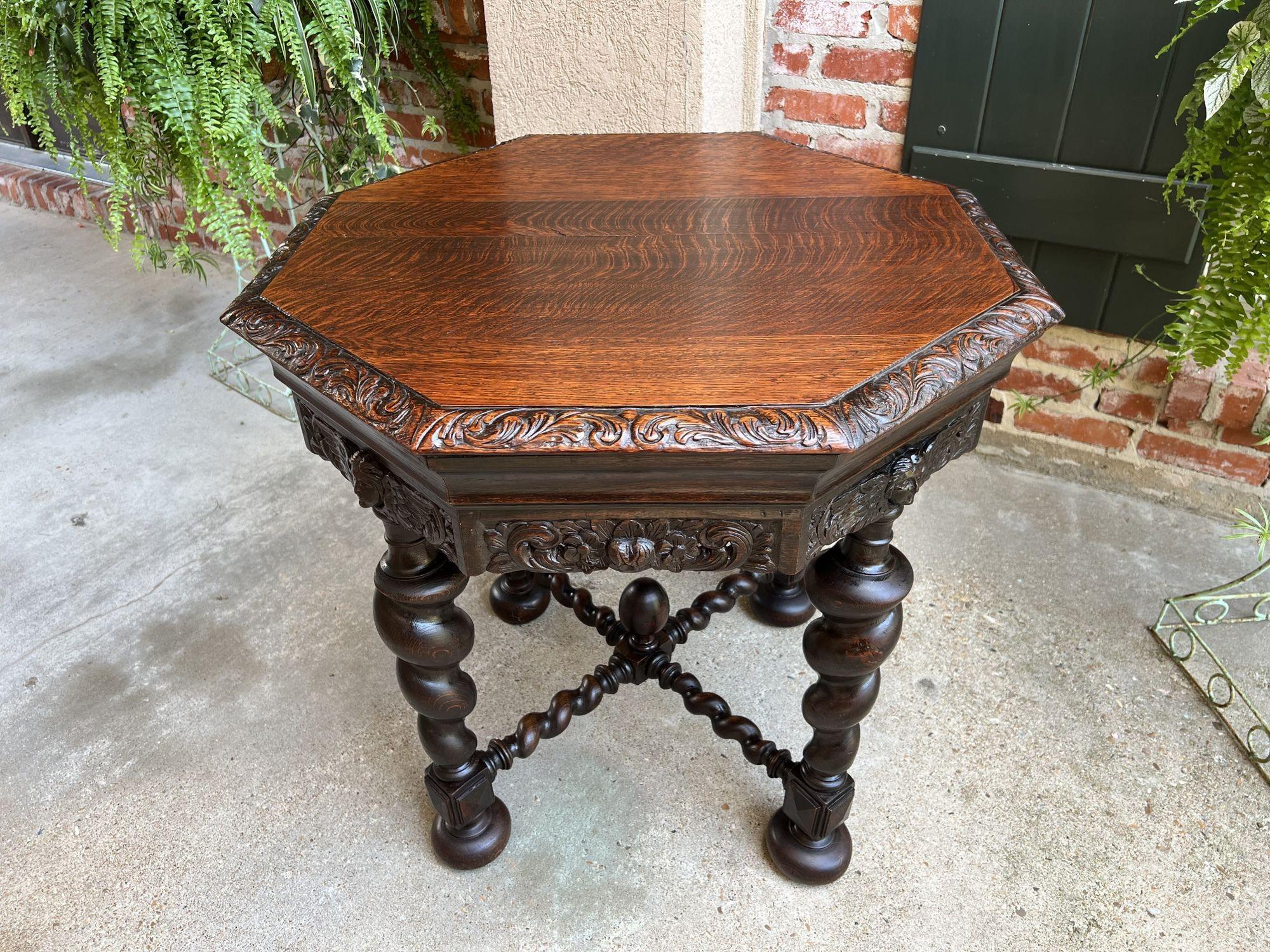 Antique French Octagon Sofa Library Table Carved Oak Barley Twist Louis XIII 13