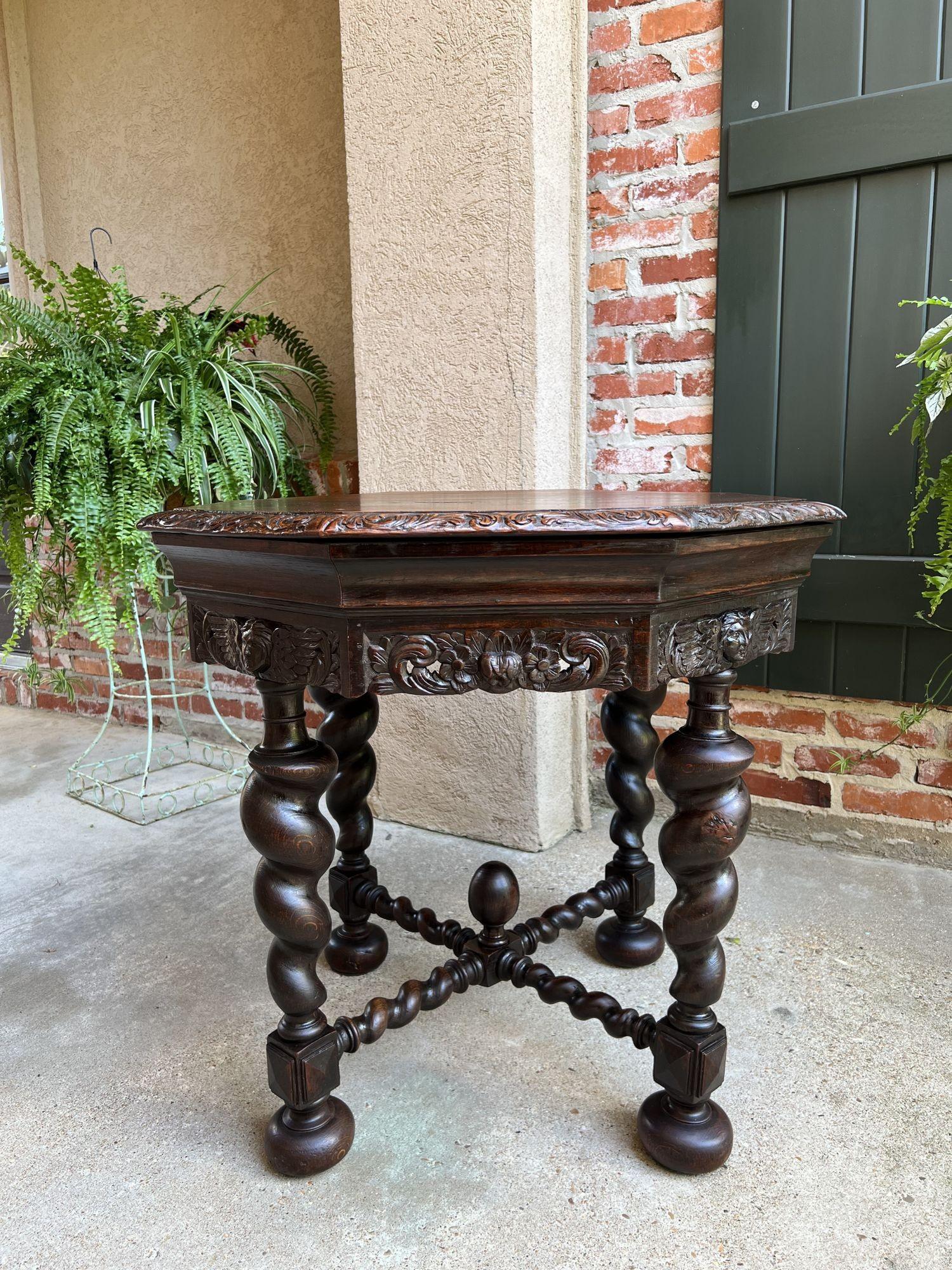 Antique French Octagon sofa table carved Oak Barley Twist Louis XIII.
 
Direct from France, a fabulous antique French octagon table, with impressive details, including unique, tapered barley twist legs, and barley twist cross stretchers,