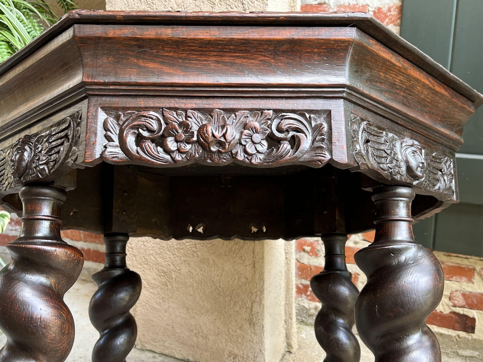 Antique French Octagon Sofa Library Table Carved Oak Barley Twist Louis XIII 15