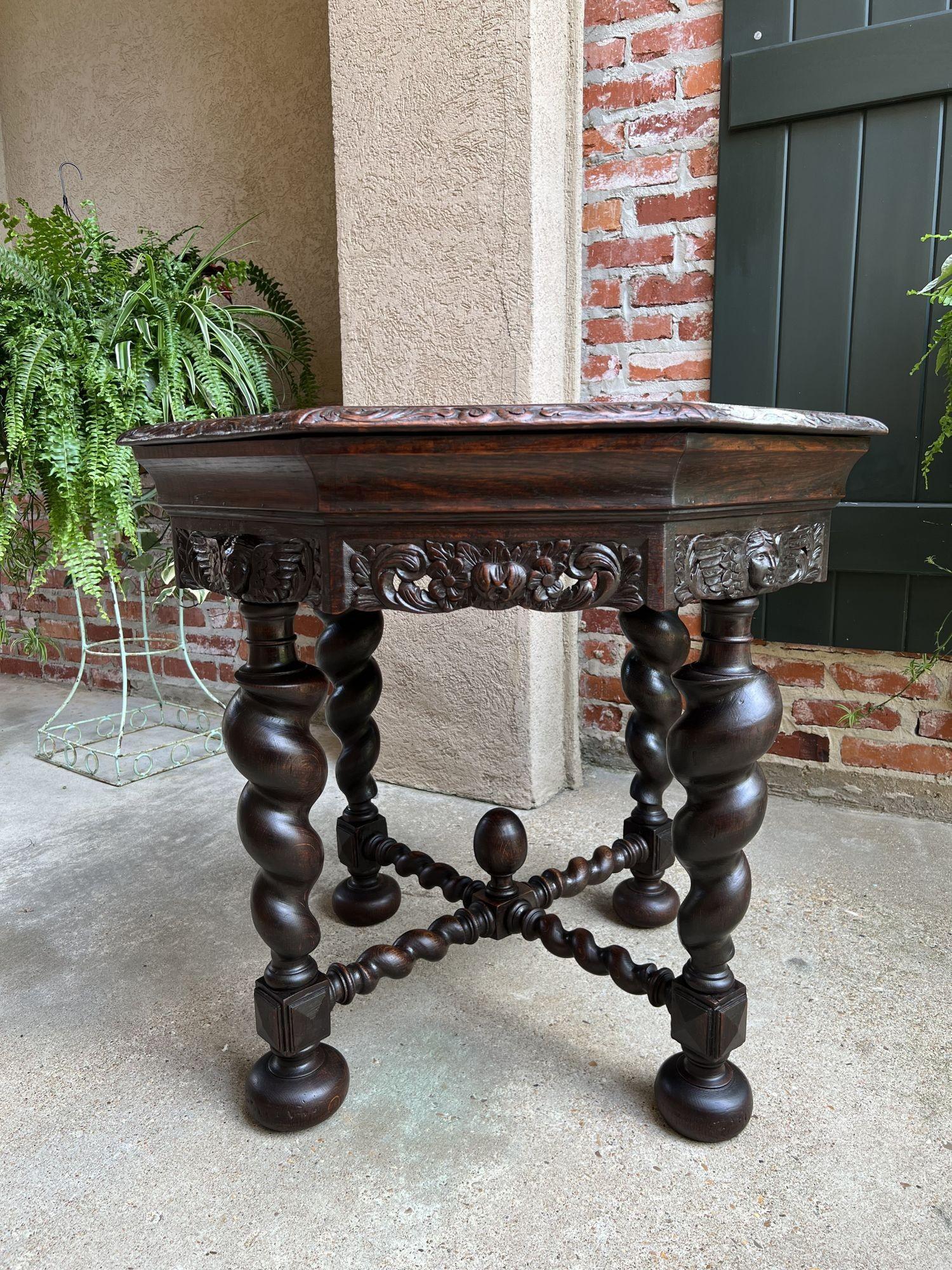 Antique French Octagon Sofa Library Table Carved Oak Barley Twist Louis XIII In Good Condition In Shreveport, LA