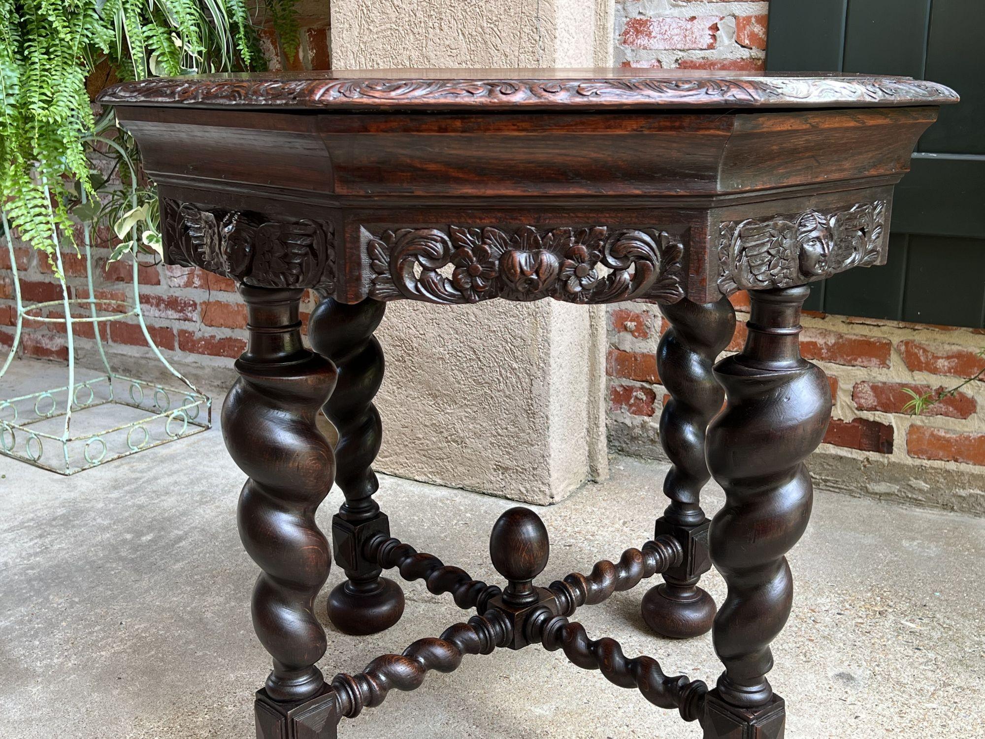 Late 19th Century Antique French Octagon Sofa Library Table Carved Oak Barley Twist Louis XIII