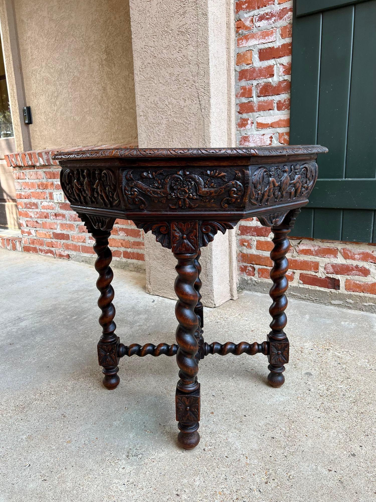 Antique French Octagon Sofa Table Carved Oak Barley Twist Louis XIII Renaissance For Sale 5