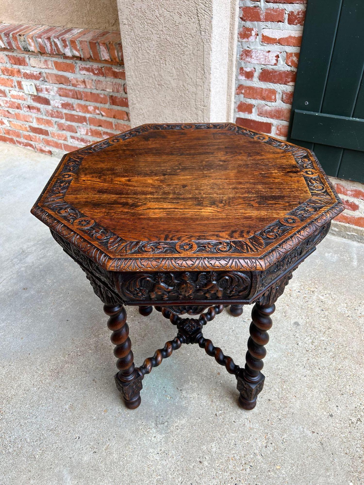 Antique French Octagon Sofa Table Carved Oak Barley Twist Louis XIII Renaissance For Sale 7