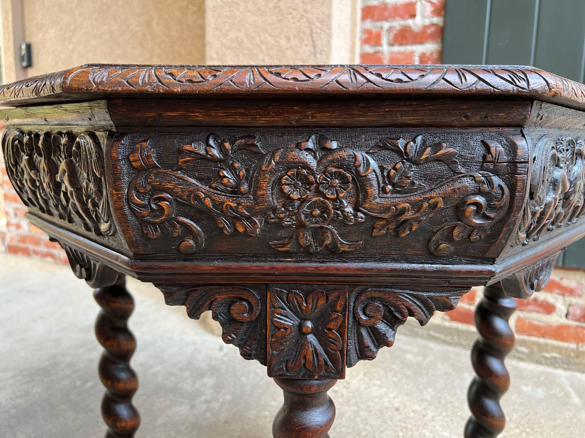 Antique French Octagon Sofa Table Carved Oak Barley Twist Louis XIII Renaissance For Sale 10