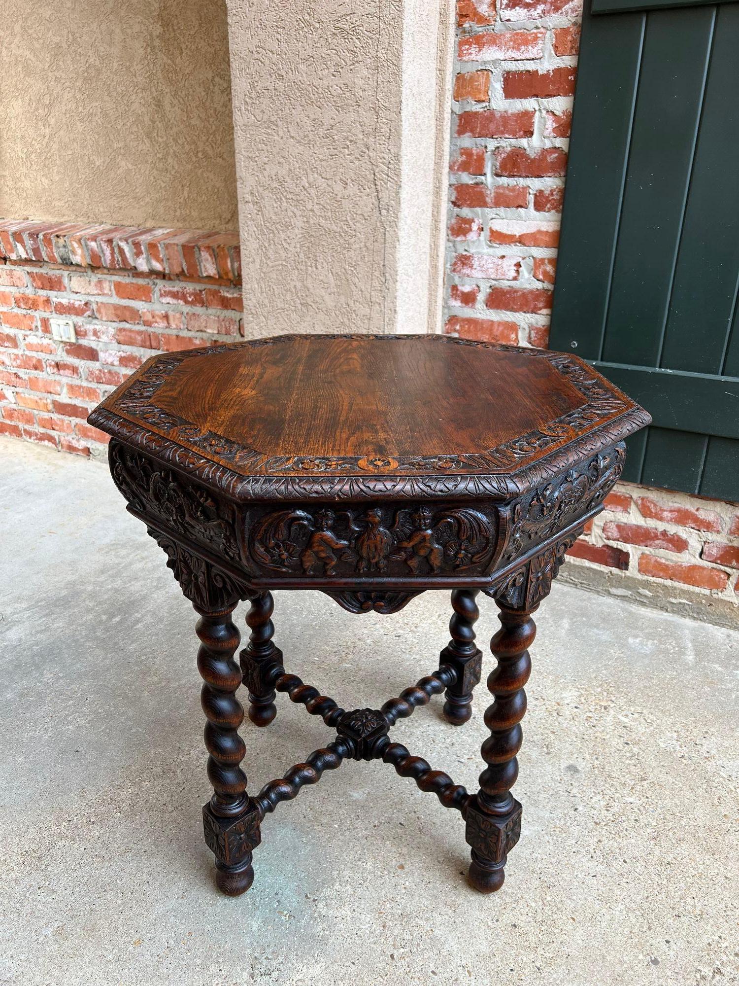 Antique French Octagon Sofa Table Carved Oak Barley Twist Louis XIII Renaissance For Sale 13