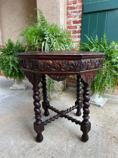 Antique French Octagon Sofa Table Carved Oak Barley Twist Louis XIII Renaissance