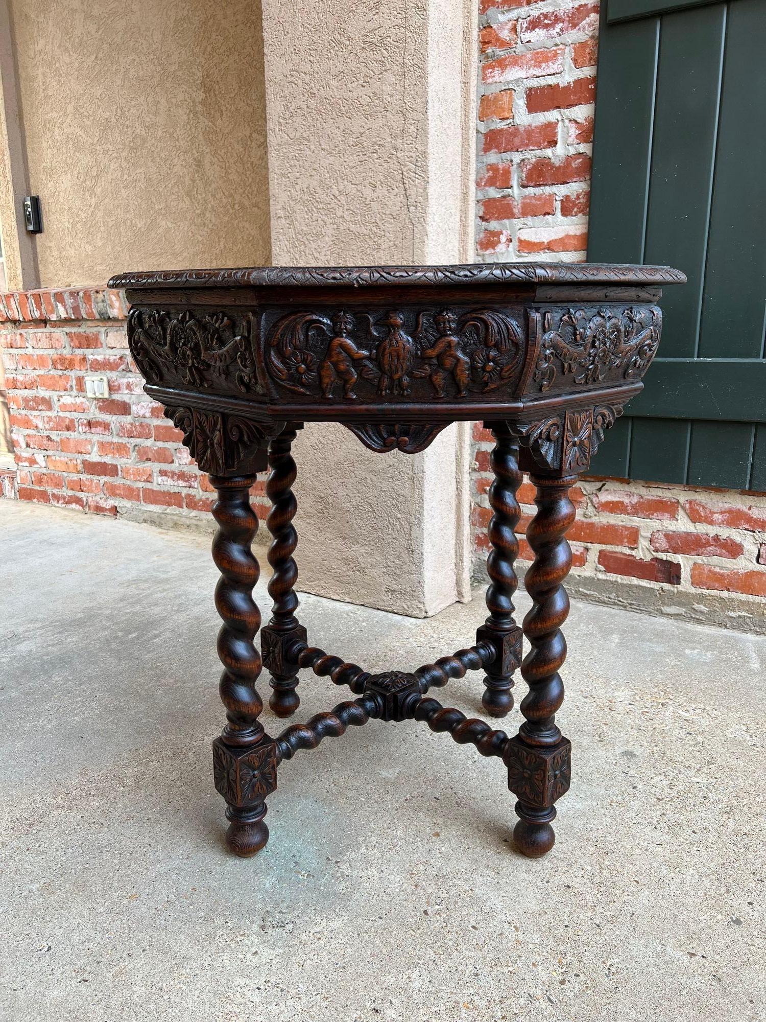 Hand-Carved Antique French Octagon Sofa Table Carved Oak Barley Twist Louis XIII Renaissance For Sale