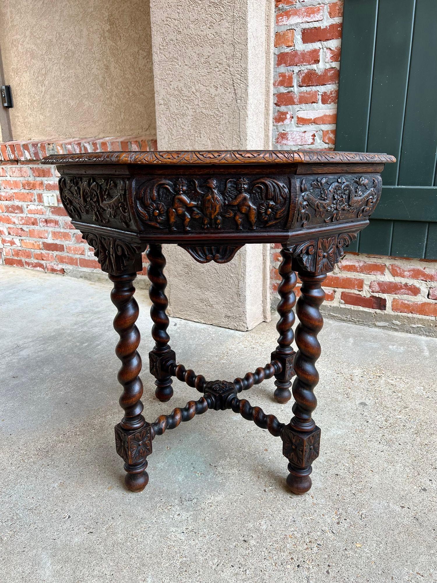 Antique French Octagon Sofa Table Carved Oak Barley Twist Louis XIII Renaissance In Good Condition For Sale In Shreveport, LA
