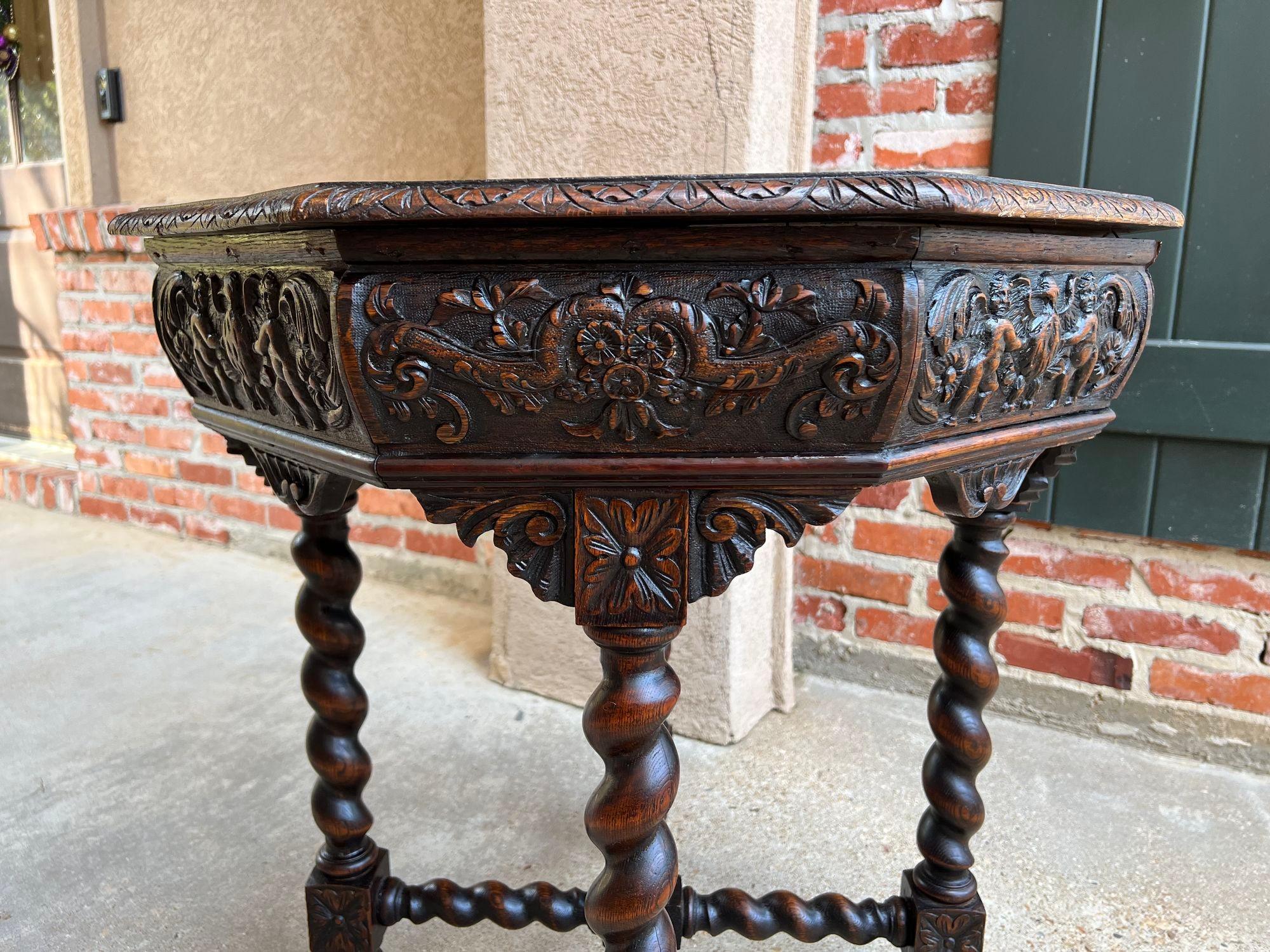 Antique French Octagon Sofa Table Carved Oak Barley Twist Louis XIII Renaissance For Sale 3