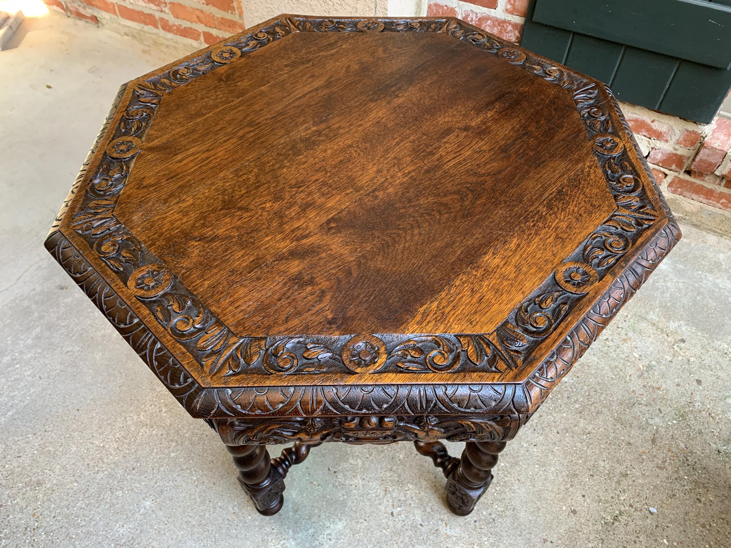 Antique French Octagon TABLE BARLEY TWIST Carved Oak Center Sofa Renaissance 4