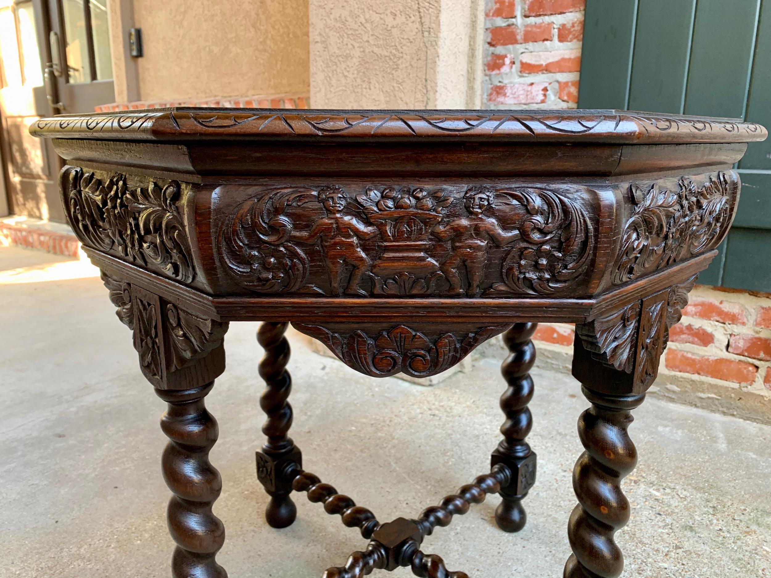 Antique French Octagon Table Barley Twist Carved Oak Center Sofa Renaissance 8