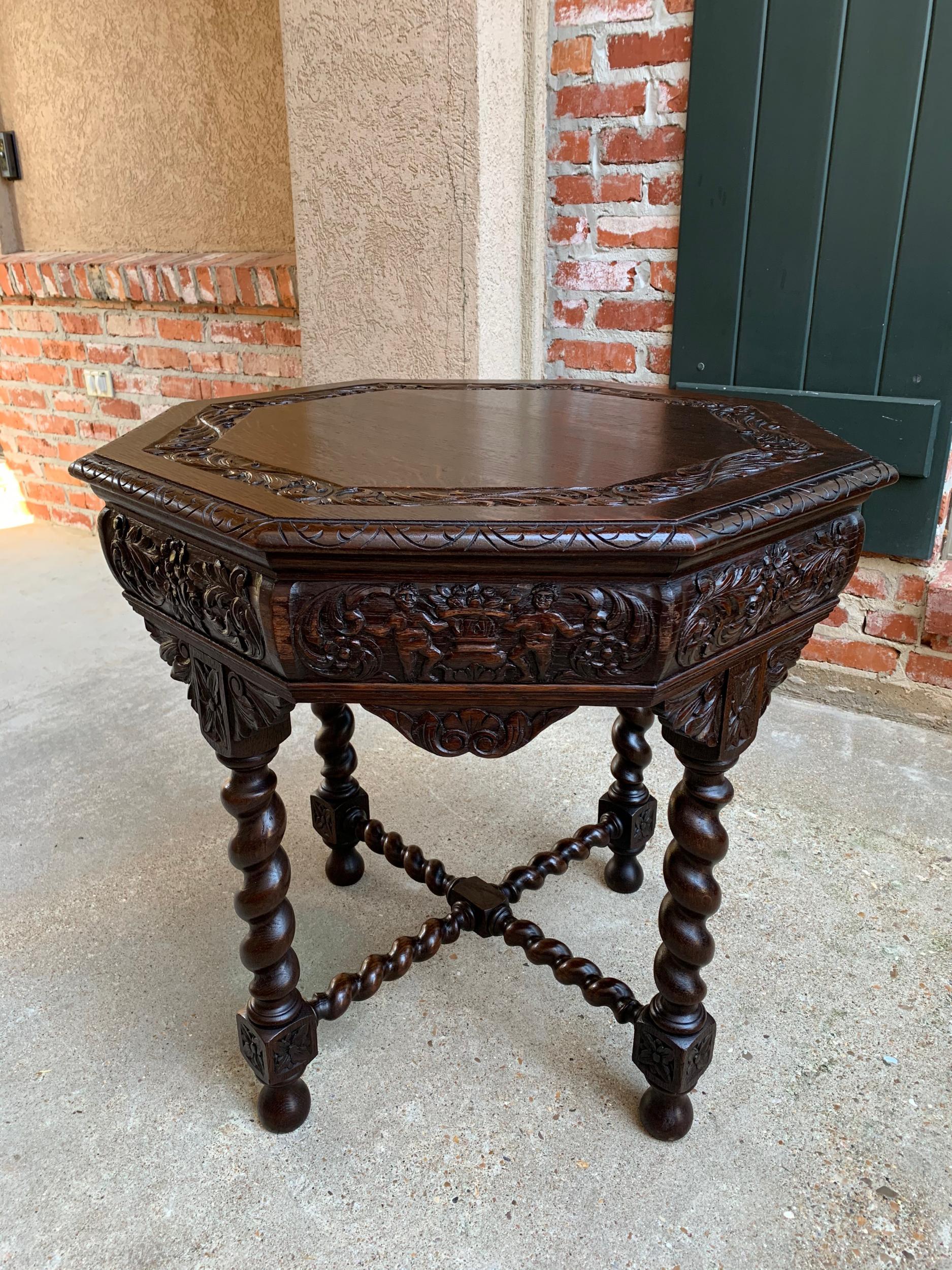Antique French Octagon Table Barley Twist Carved Oak Center Sofa Renaissance 10