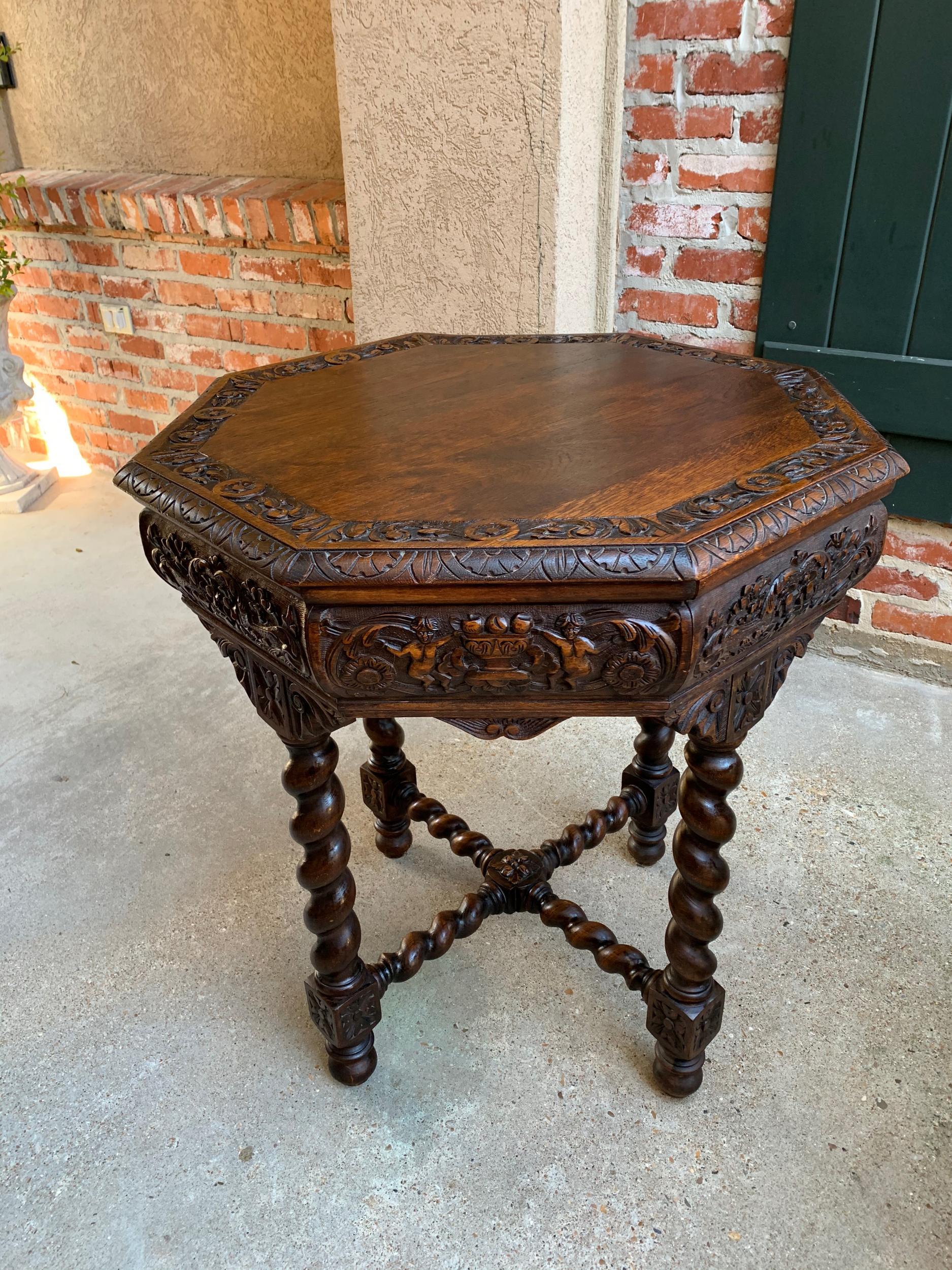 Antique French Octagon TABLE BARLEY TWIST Carved Oak Center Sofa Renaissance 9