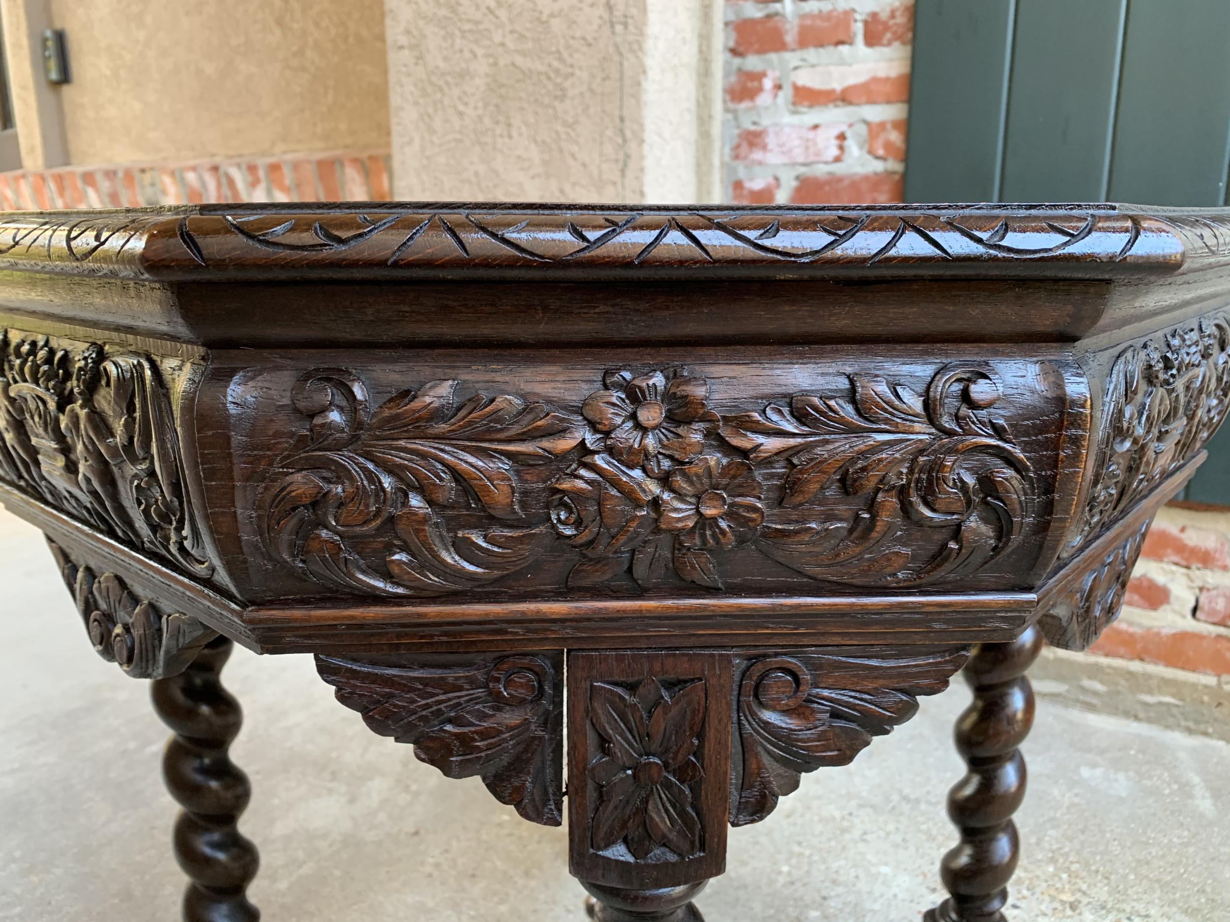 Antique French Octagon Table Barley Twist Carved Oak Center Sofa Renaissance 14
