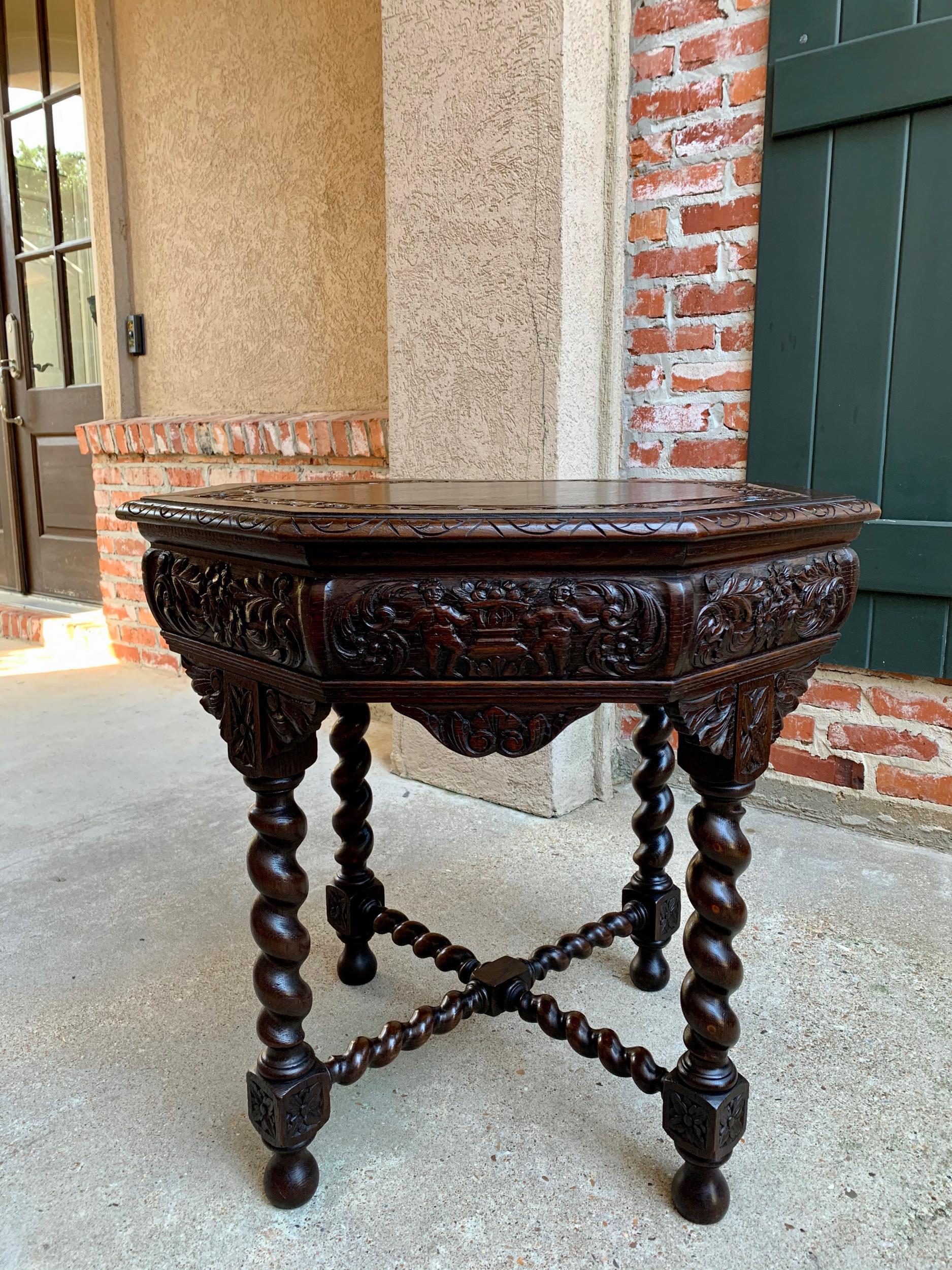 Antique French octagon table barley twist carved oak center sofa renaissance
 
~Direct from France~
~Ornately carved antique French “octagonal” table with impressive silhouette and commanding design!~
~(This style table was originally used with
