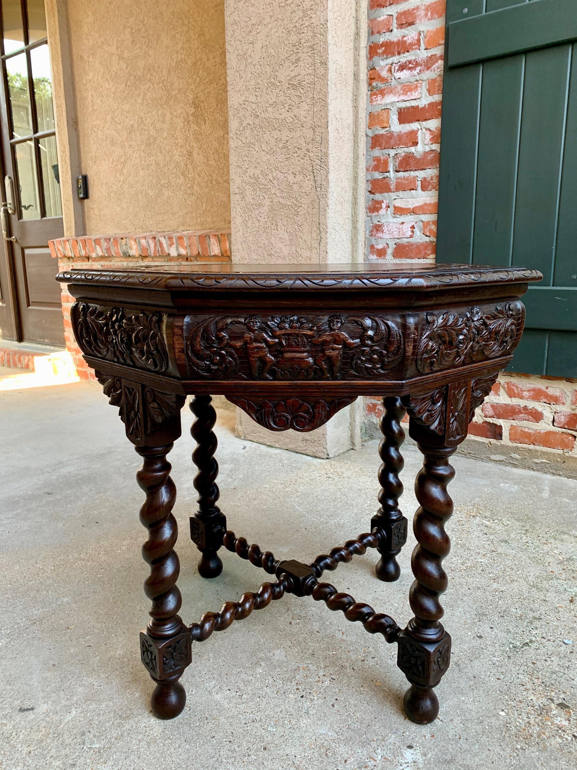 Hand-Carved Antique French Octagon Table Barley Twist Carved Oak Center Sofa Renaissance