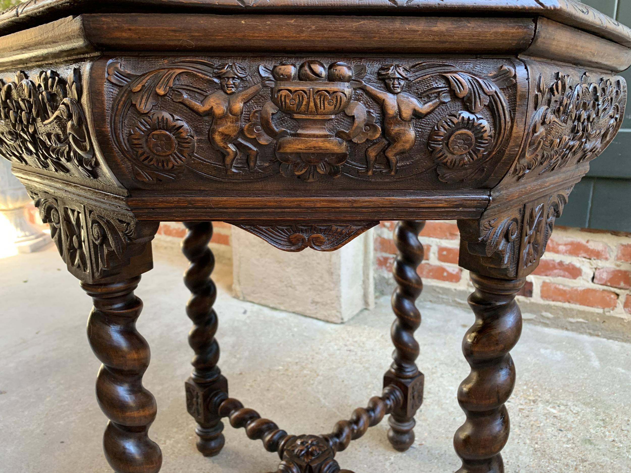 Antique French Octagon TABLE BARLEY TWIST Carved Oak Center Sofa Renaissance In Fair Condition In Shreveport, LA