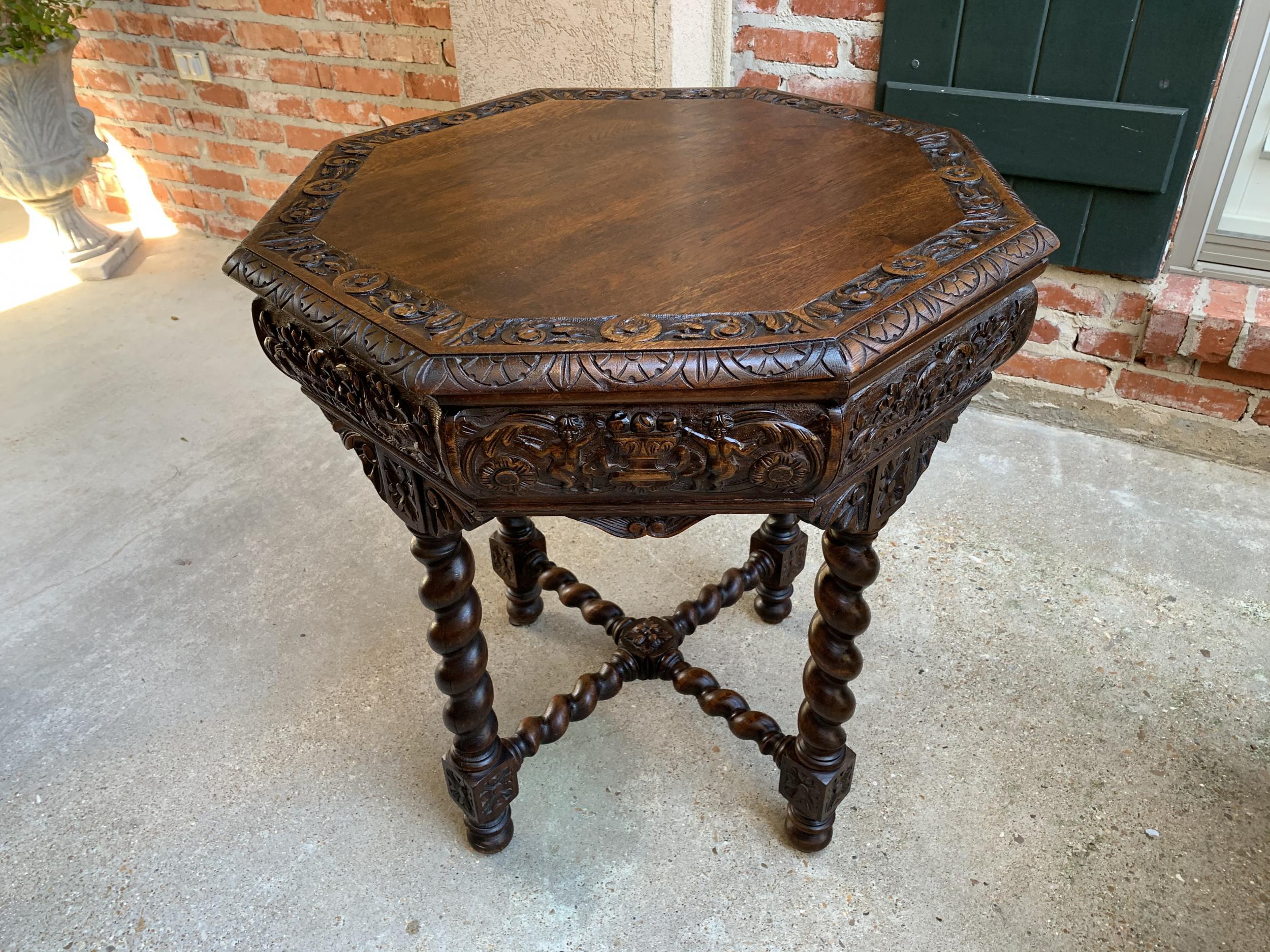 Antique French Octagon TABLE BARLEY TWIST Carved Oak Center Sofa Renaissance 1