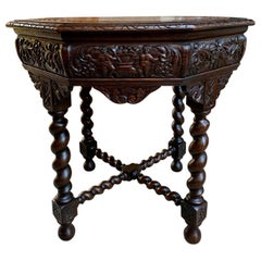 Antique French Octagon Table Barley Twist Carved Oak Center Sofa Renaissance
