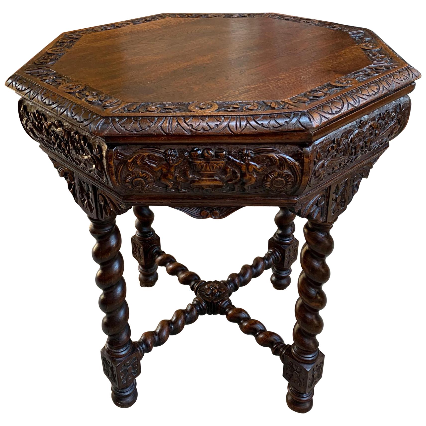 Antique French Octagon TABLE BARLEY TWIST Carved Oak Center Sofa Renaissance