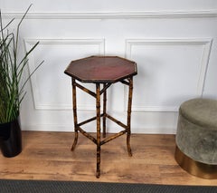 Antique French Octagonal Bamboo Side Table with Red Lacquered Top