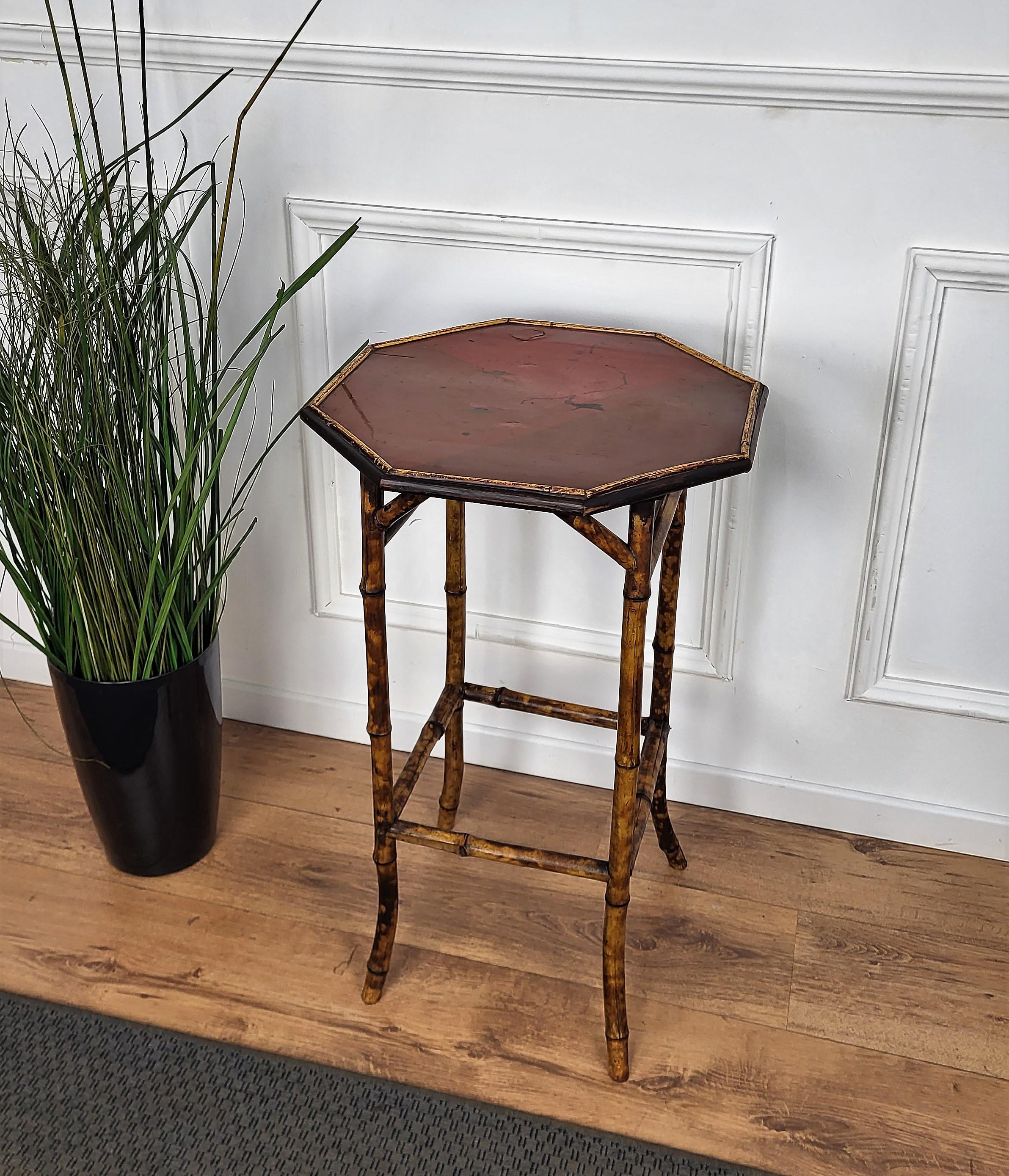 Art Nouveau Antique French Octagonal Bamboo Side Table with Red Lacquered Top