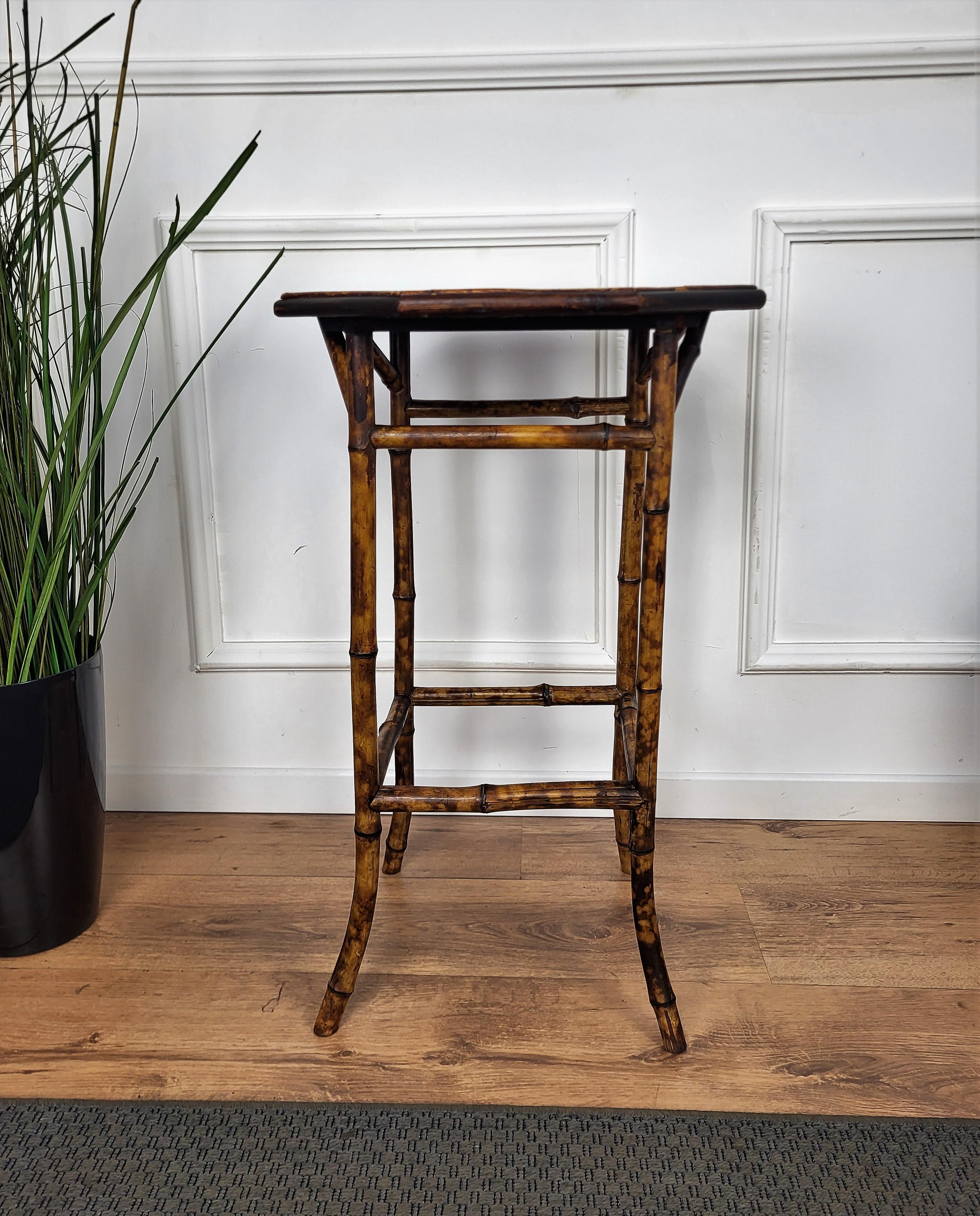 20th Century Antique French Octagonal Bamboo Side Table with Red Lacquered Top