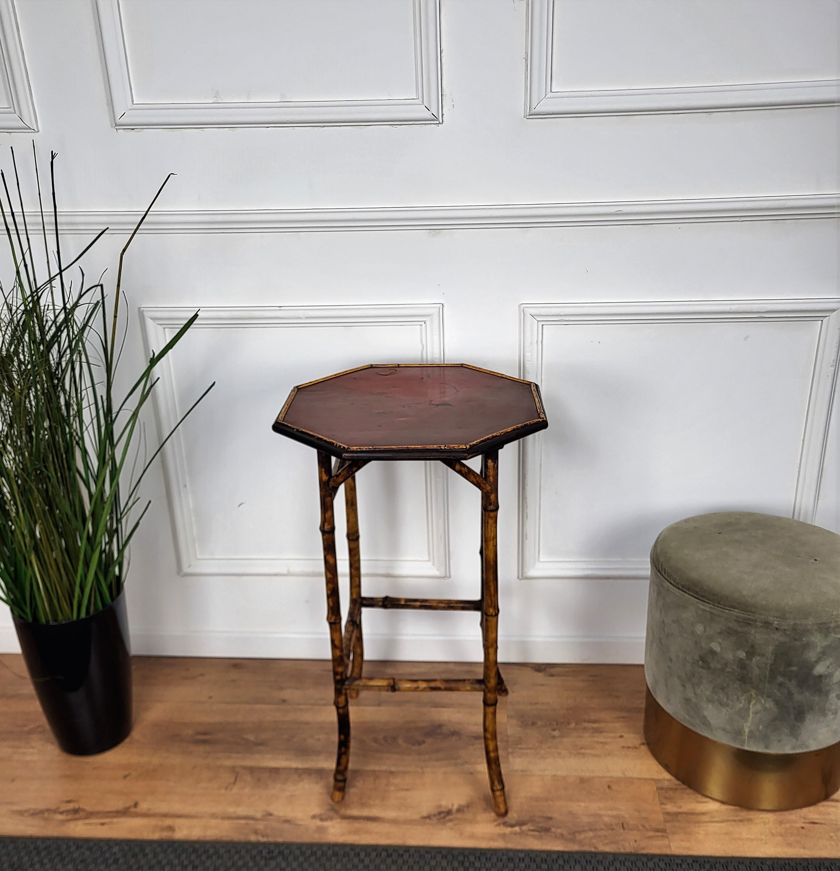 Antique French Octagonal Bamboo Side Table with Red Lacquered Top 2