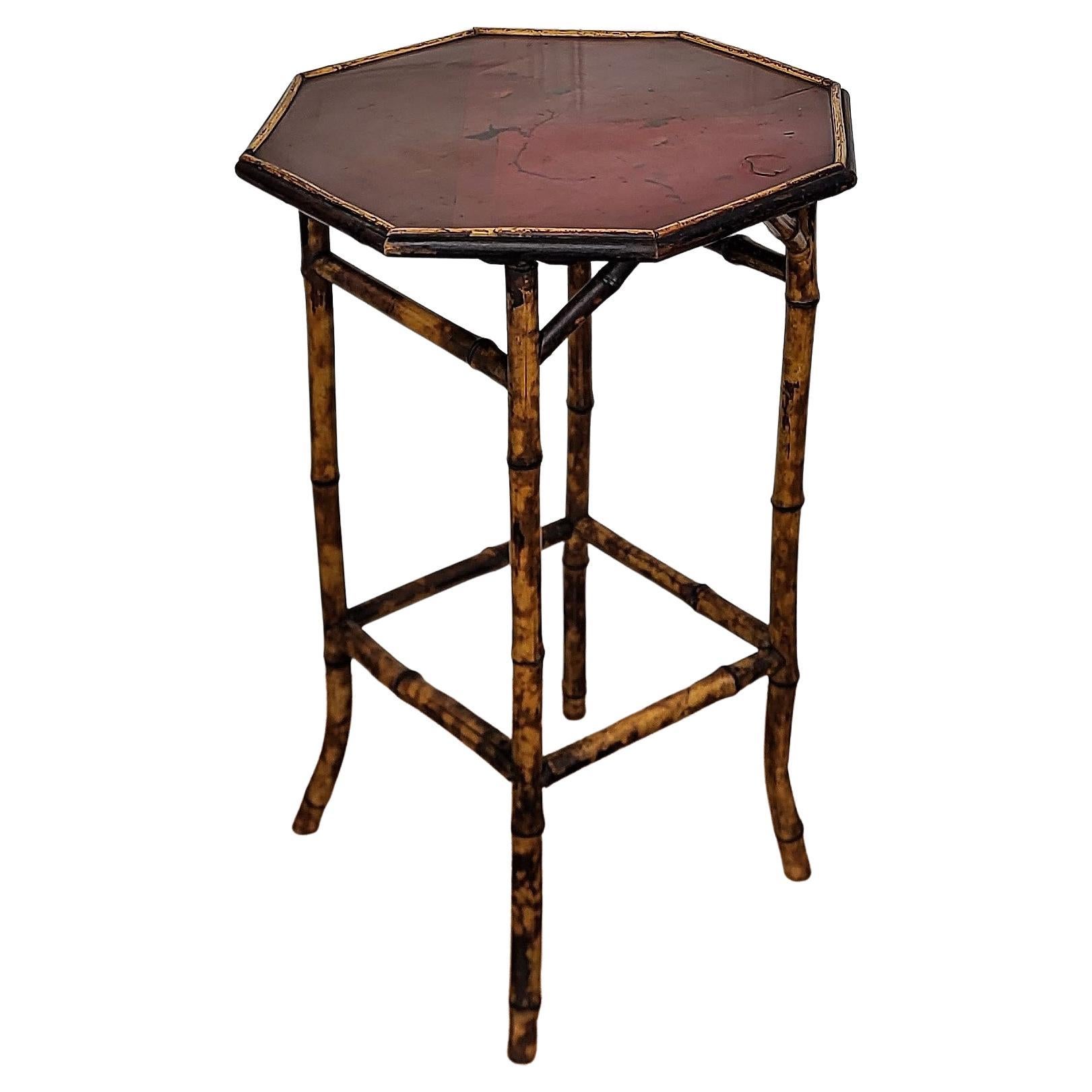 Antique French Octagonal Bamboo Side Table with Red Lacquered Top