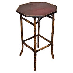 Antique French Octagonal Bamboo Side Table with Red Lacquered Top