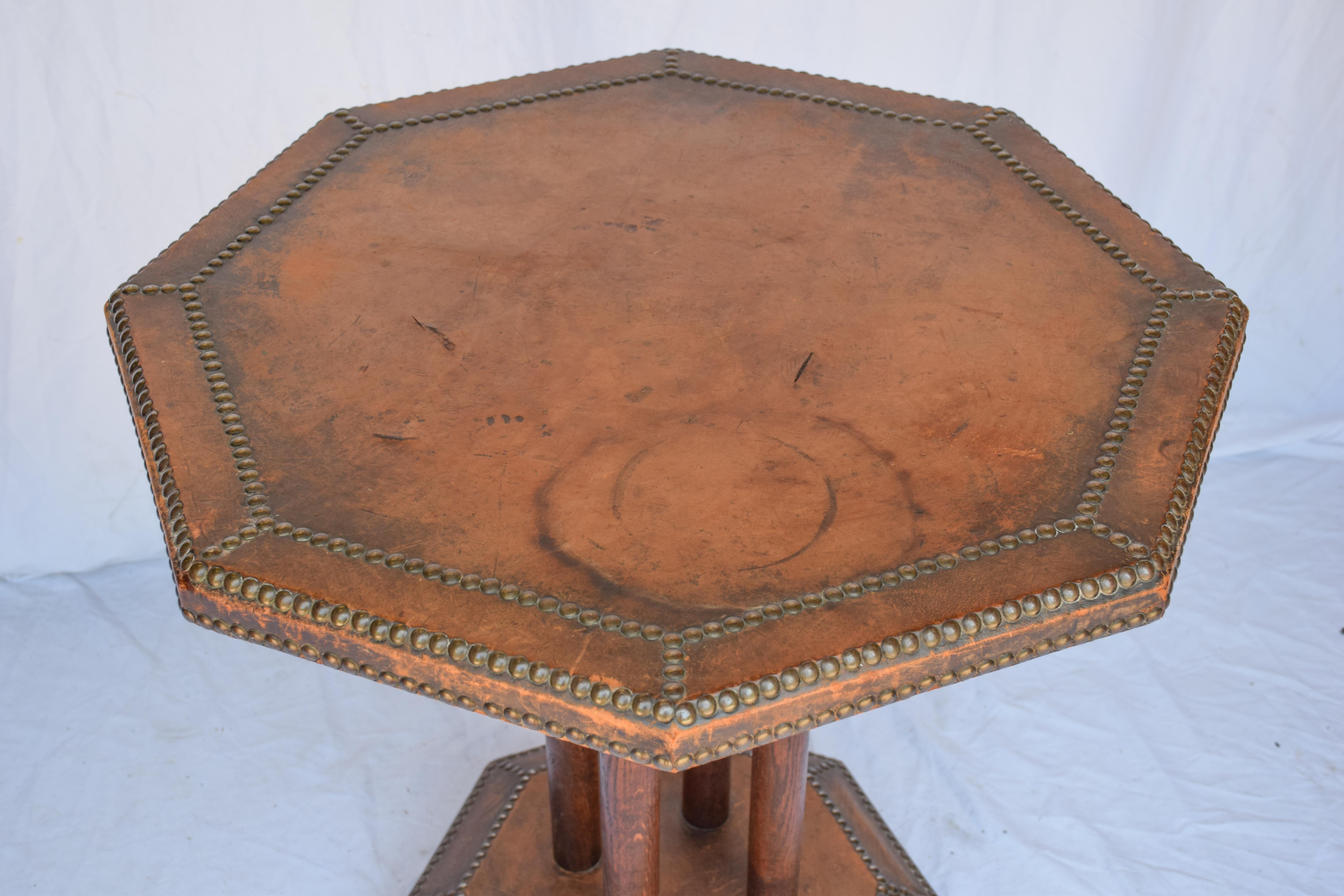 Antique French Octagonal Brown Leather Studded Bistro Side Table 6
