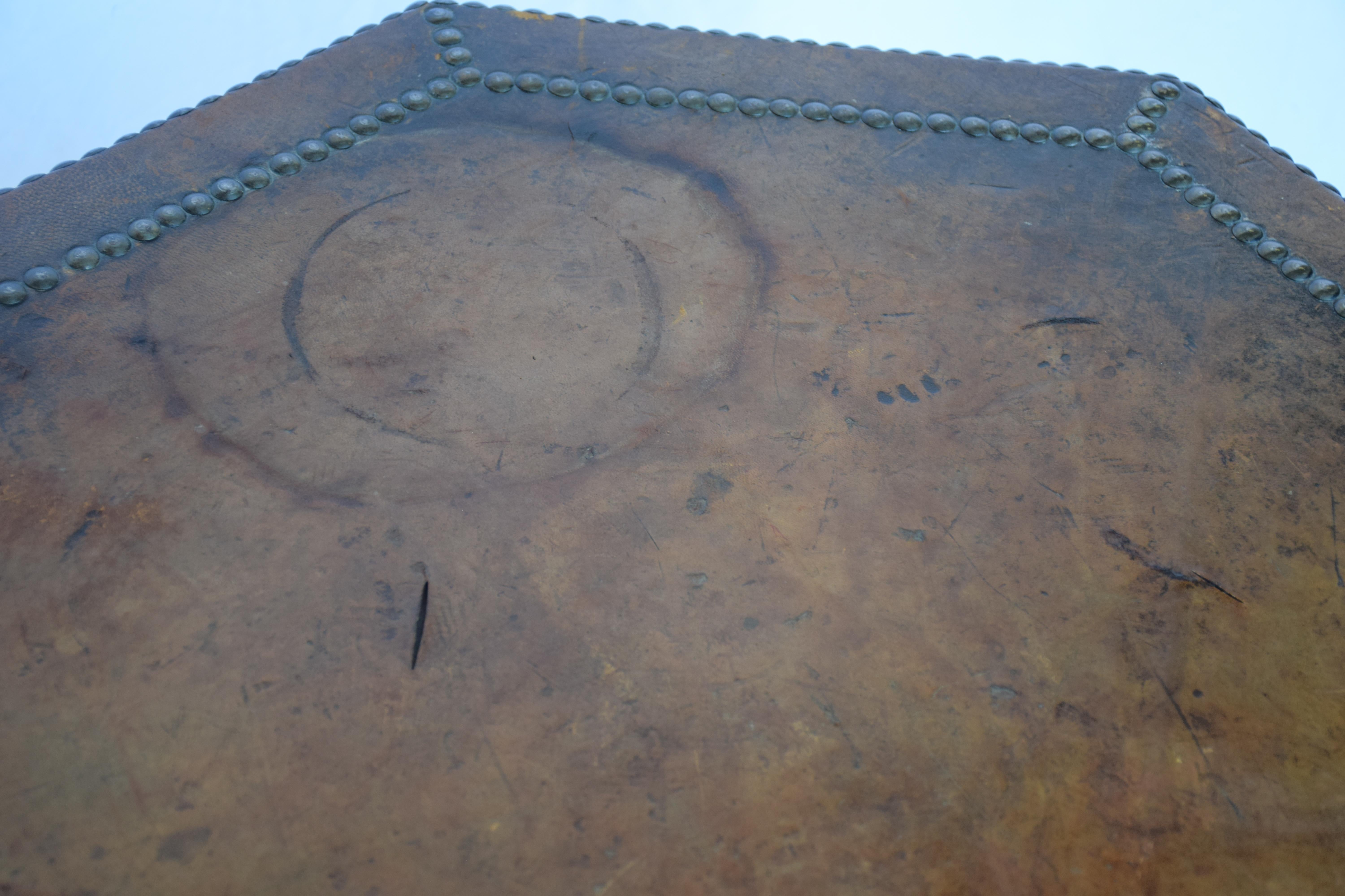 Antique French Octagonal Brown Leather Studded Bistro Side Table In Good Condition In Houston, TX