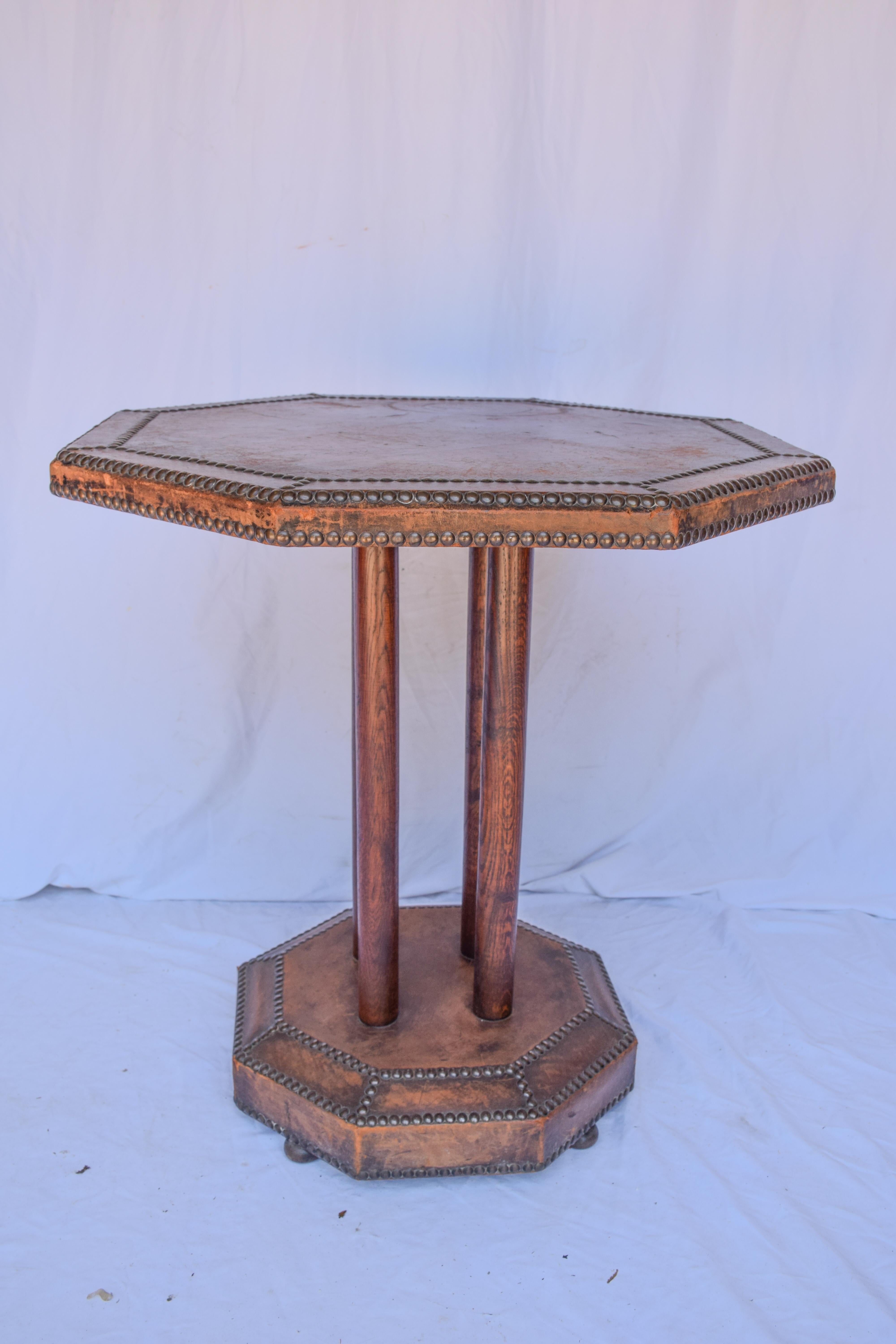 20th Century Antique French Octagonal Brown Leather Studded Bistro Side Table