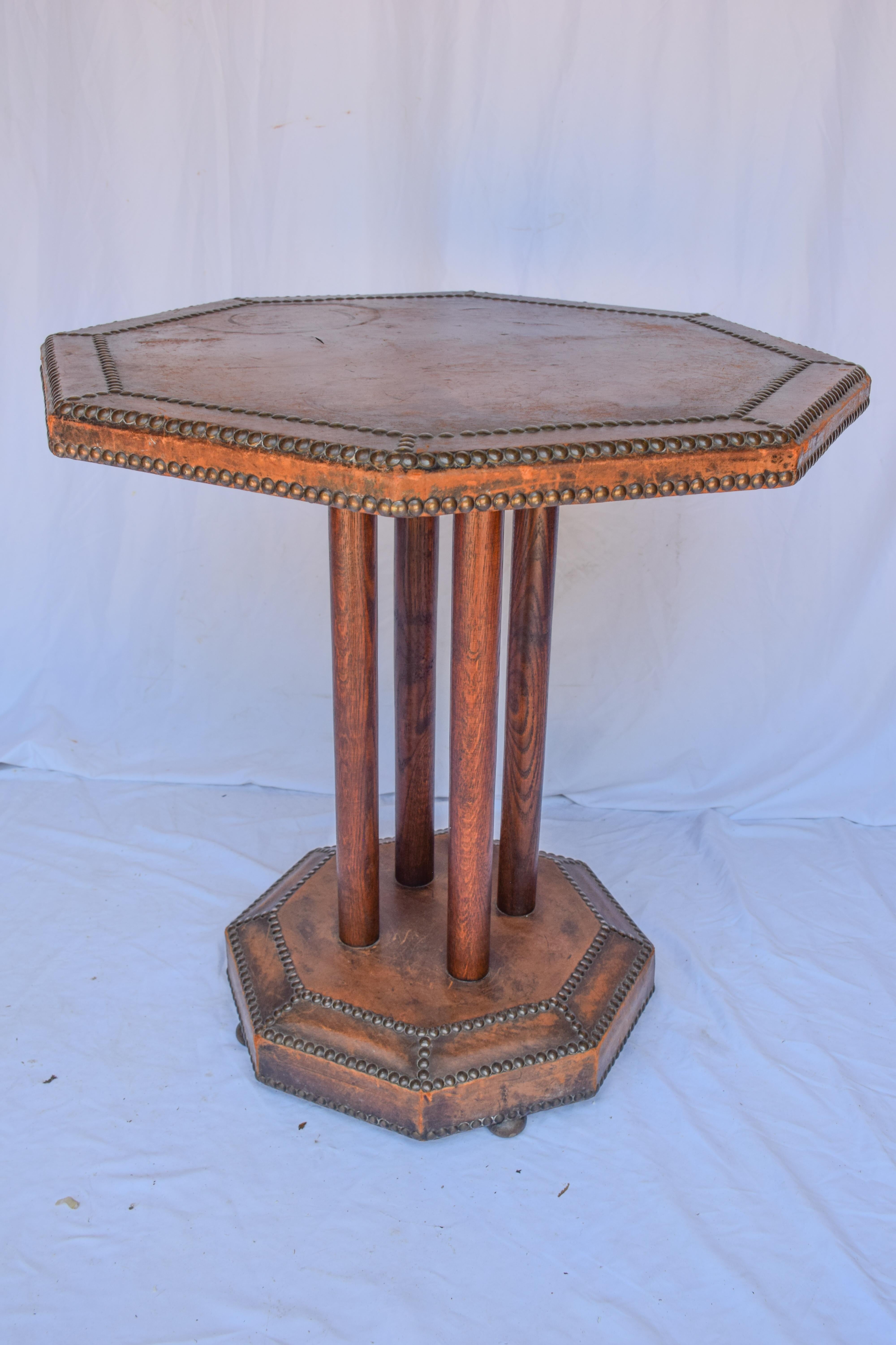 Antique French Octagonal Brown Leather Studded Bistro Side Table 1