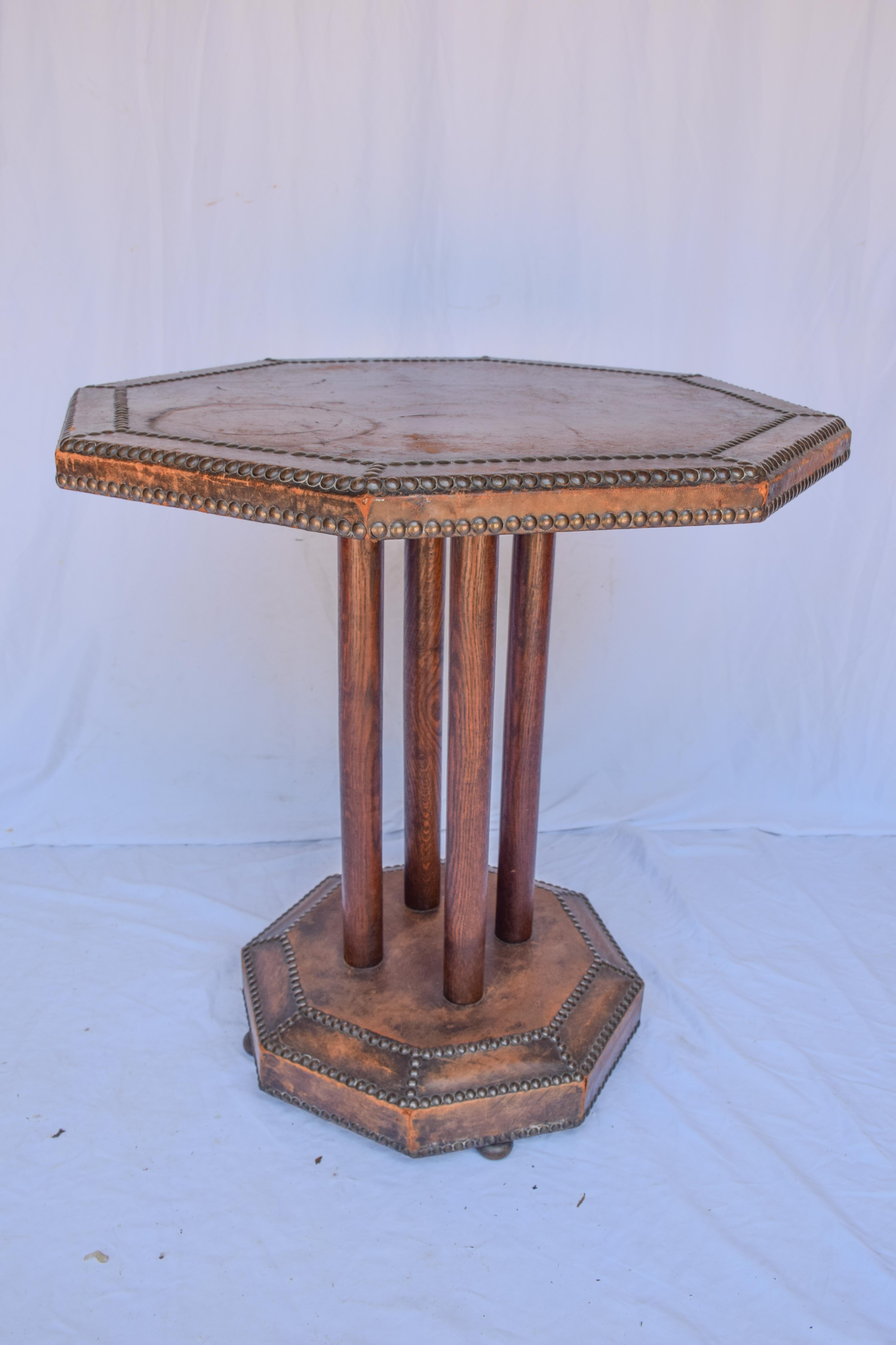 Antique French Octagonal Brown Leather Studded Bistro Side Table 2