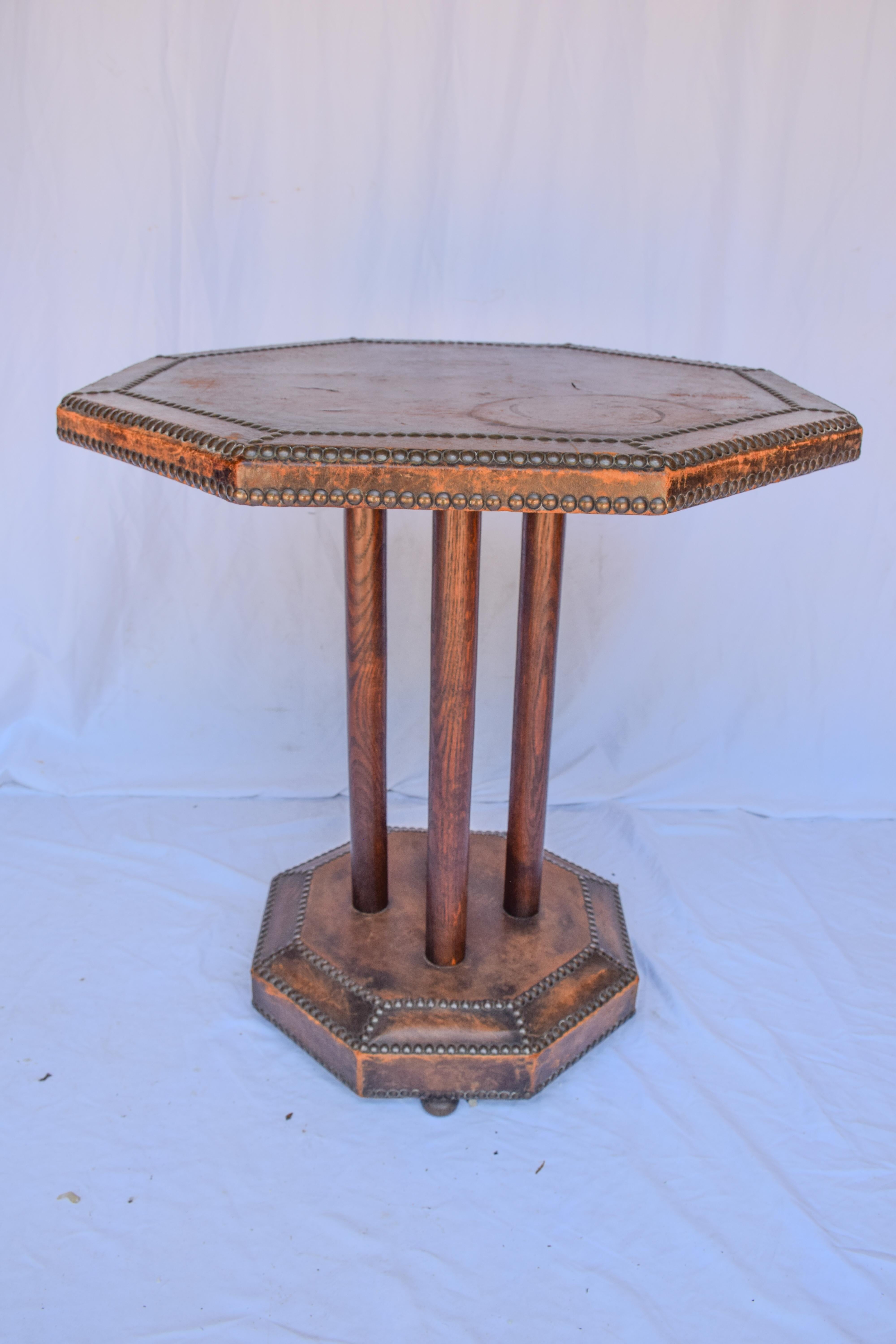 Antique French Octagonal Brown Leather Studded Bistro Side Table 3