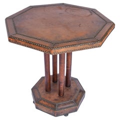 Antique French Octagonal Brown Leather Studded Bistro Side Table