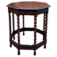 Antique French OCTAGONAL Side End Table Accent Parlor BARLEY TWIST Oak c. 1900