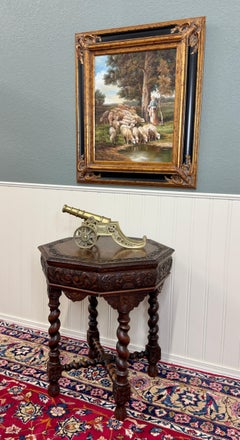 Antique French Octagonal Table Renaissance Revival Carved Barley Twist Oak 19thC