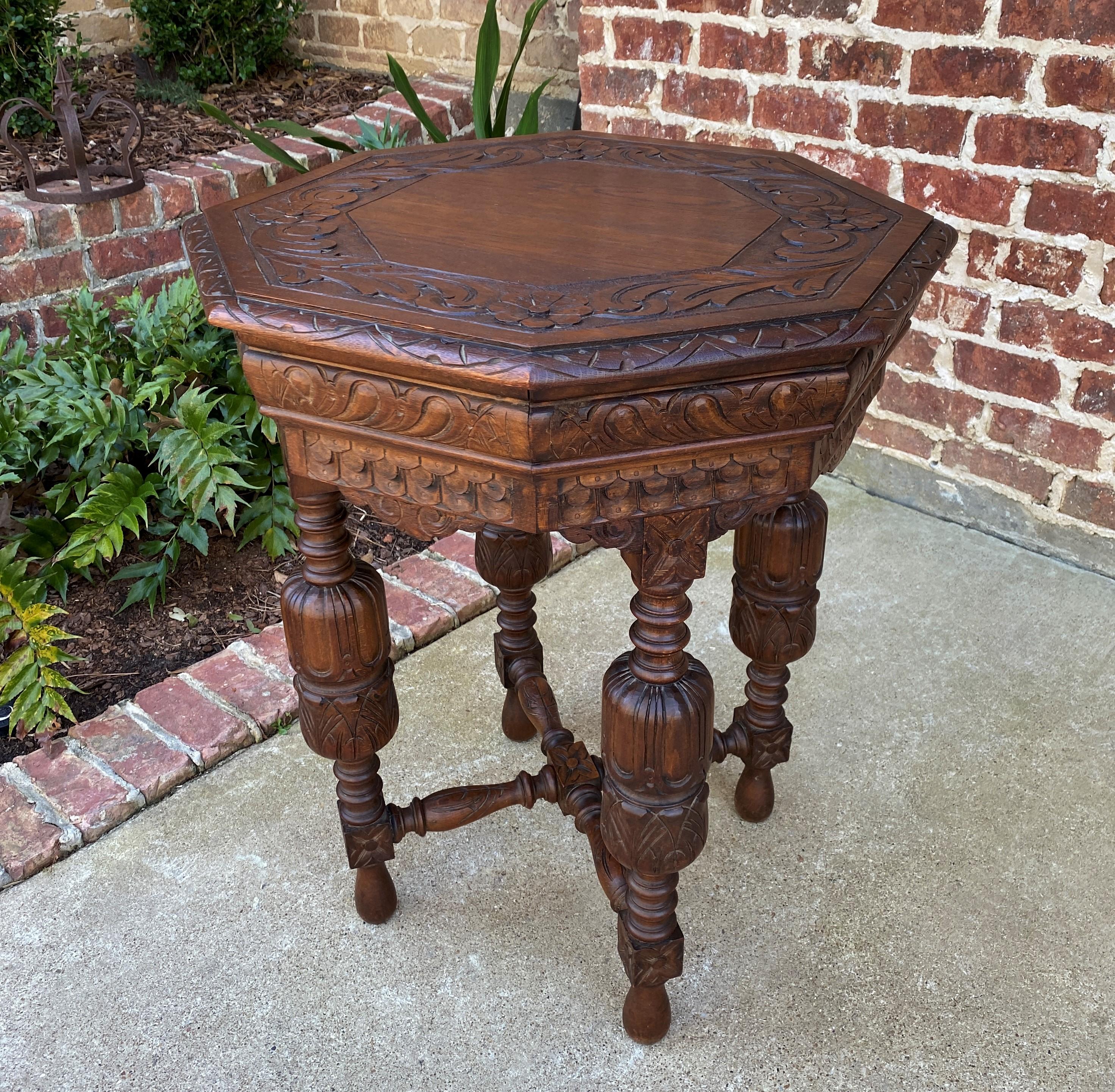 Charming late 19th century antique french carved oak octagonal entry, hall, sofa, center, parlor or end table with 