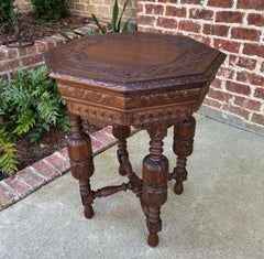 Antique French Octagonal Table Renaissance Revival Carved Oak 19th C