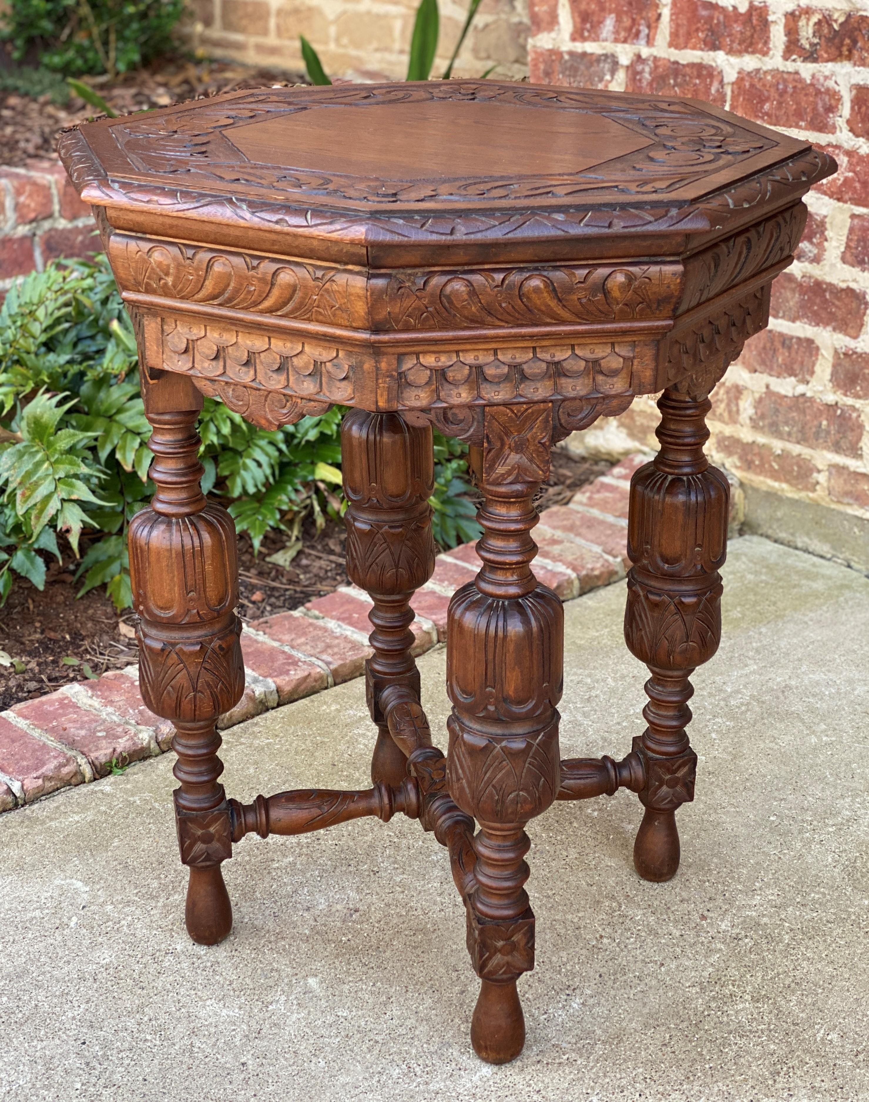 Antique French Octagonal Table Renaissance Revival Carved Oak 19th C For Sale