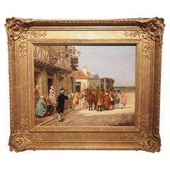 Antique French Oil on Board Painting, Arrival at the Auberge, 19th Century