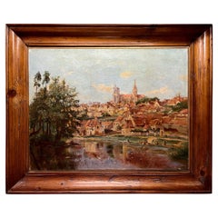 Antique French Oil on Canvas "Country Town on River, " circa 1890-1920