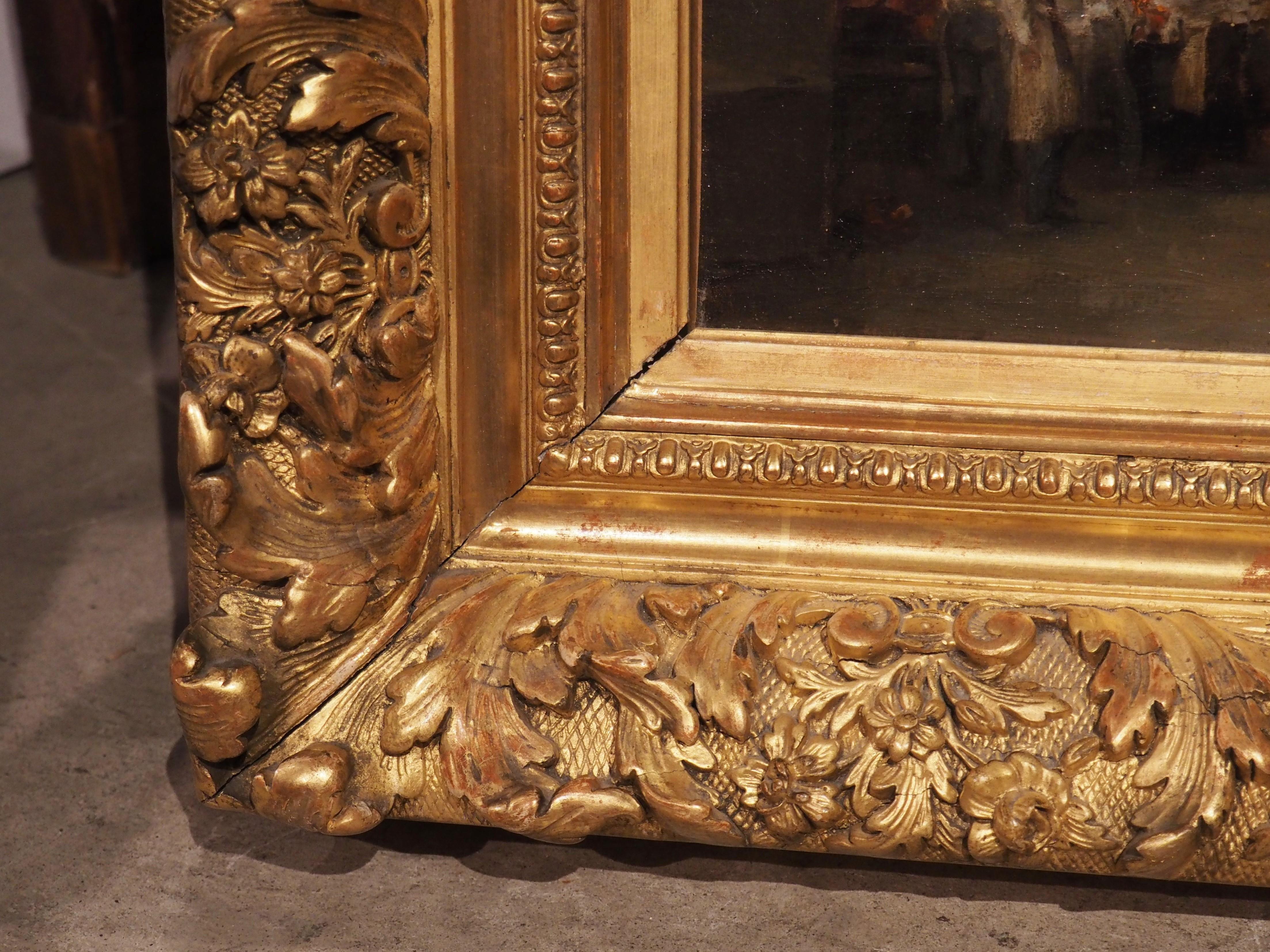 Hand-Carved Antique French Oil on Canvas, in the Kitchens of the Chateau, circa 1890s