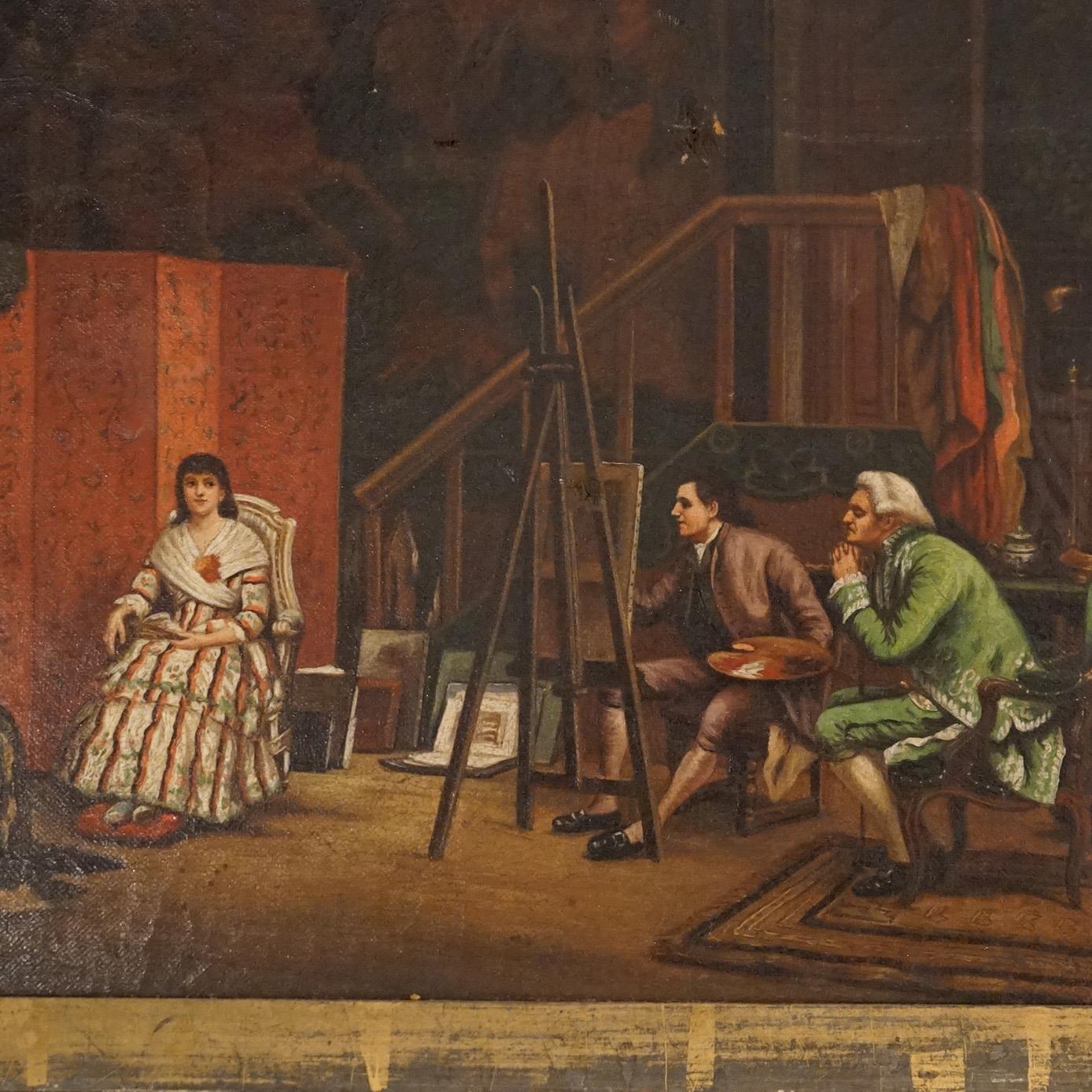 Antique French Oil on Canvas Interior Scene with Artist, Portrait Subject & Observer Seated in Giltwood Frame C1860

Measures- 15''H x 18.75''W x 2''D; sight??