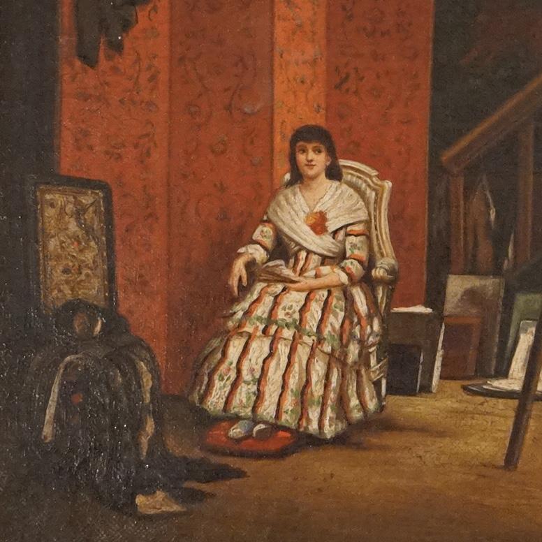 Hand-Painted Antique French Oil On Canvas Interior Scene with Artist & Portrait Subject C1860