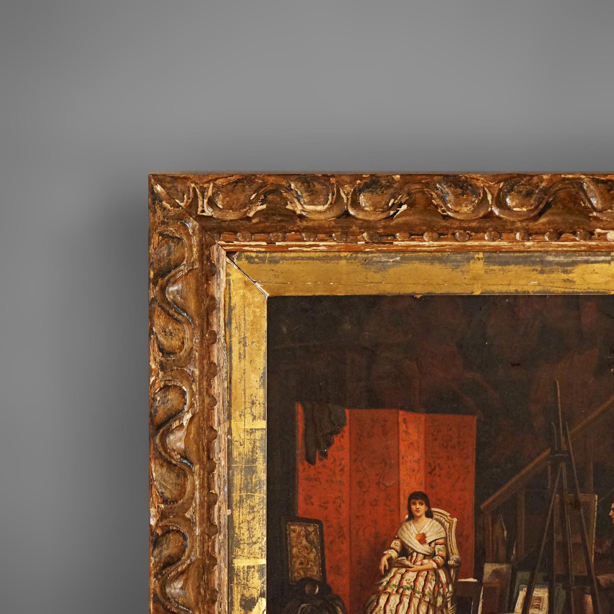 Antique French Oil On Canvas Interior Scene with Artist & Portrait Subject C1860 In Good Condition In Big Flats, NY
