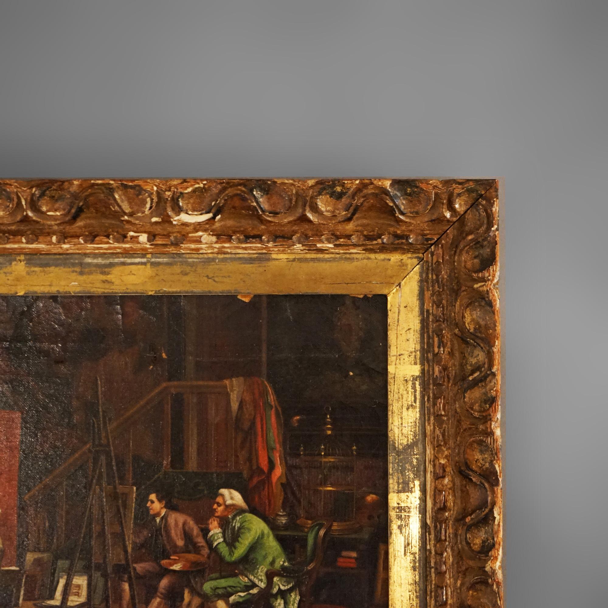 19th Century Antique French Oil On Canvas Interior Scene with Artist & Portrait Subject C1860