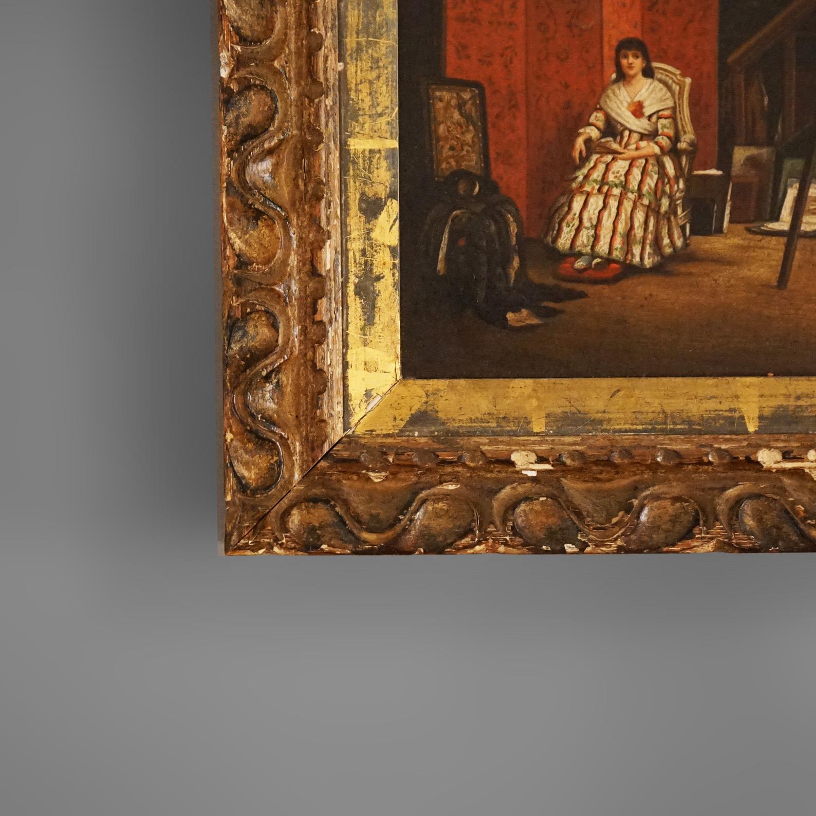 Antique French Oil On Canvas Interior Scene with Artist & Portrait Subject C1860 1